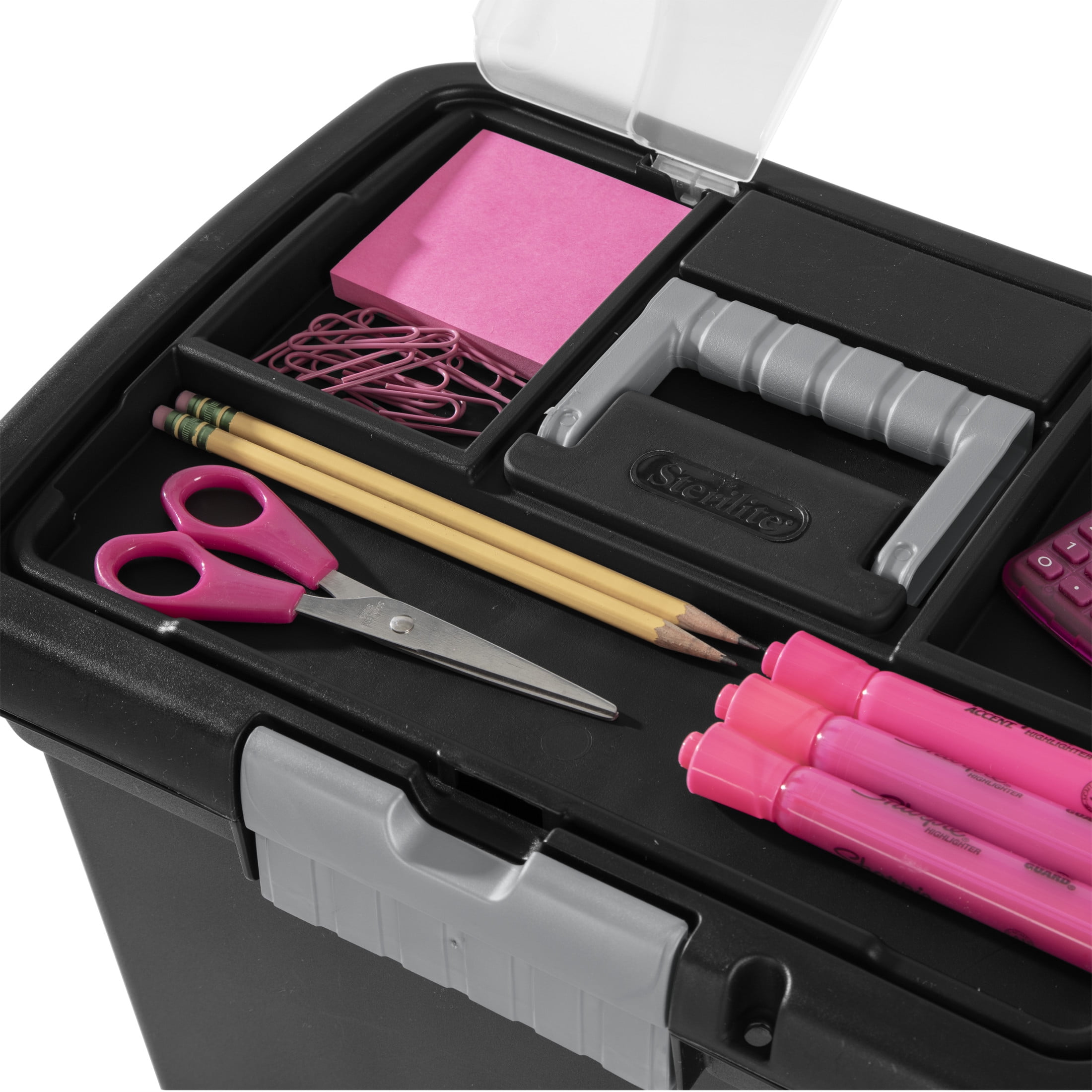 Sterilite Portable File Box, Letter-Size Plastic Storage Organizer with Handle and Divided Lid (Black, 15 in x 10.875 in x 11.5 in) ch8xf