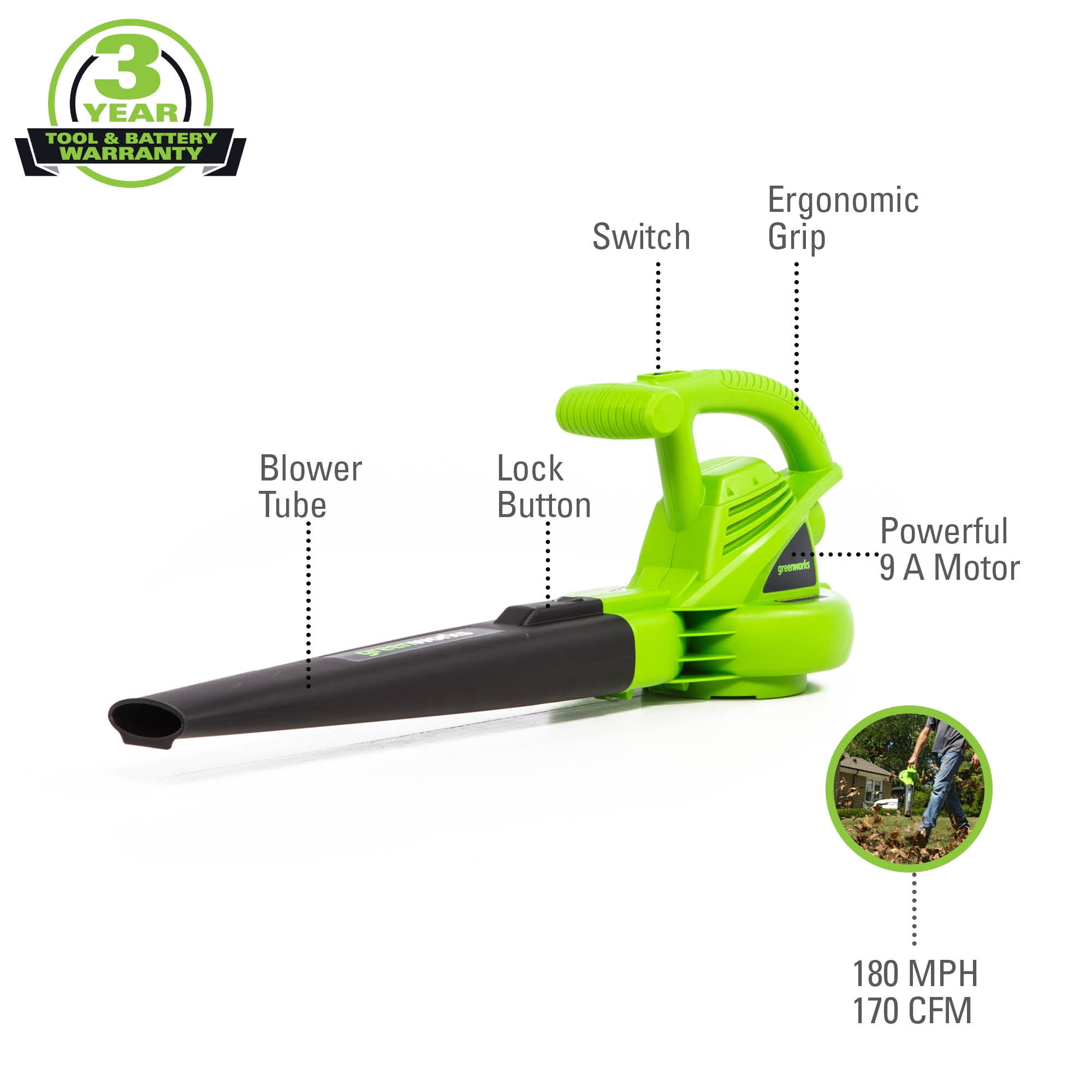 Greenworks 9 Amp Corded Electric Leaf Blower (170 CFM, 180 MPH) (4.5 lb) 6n40l