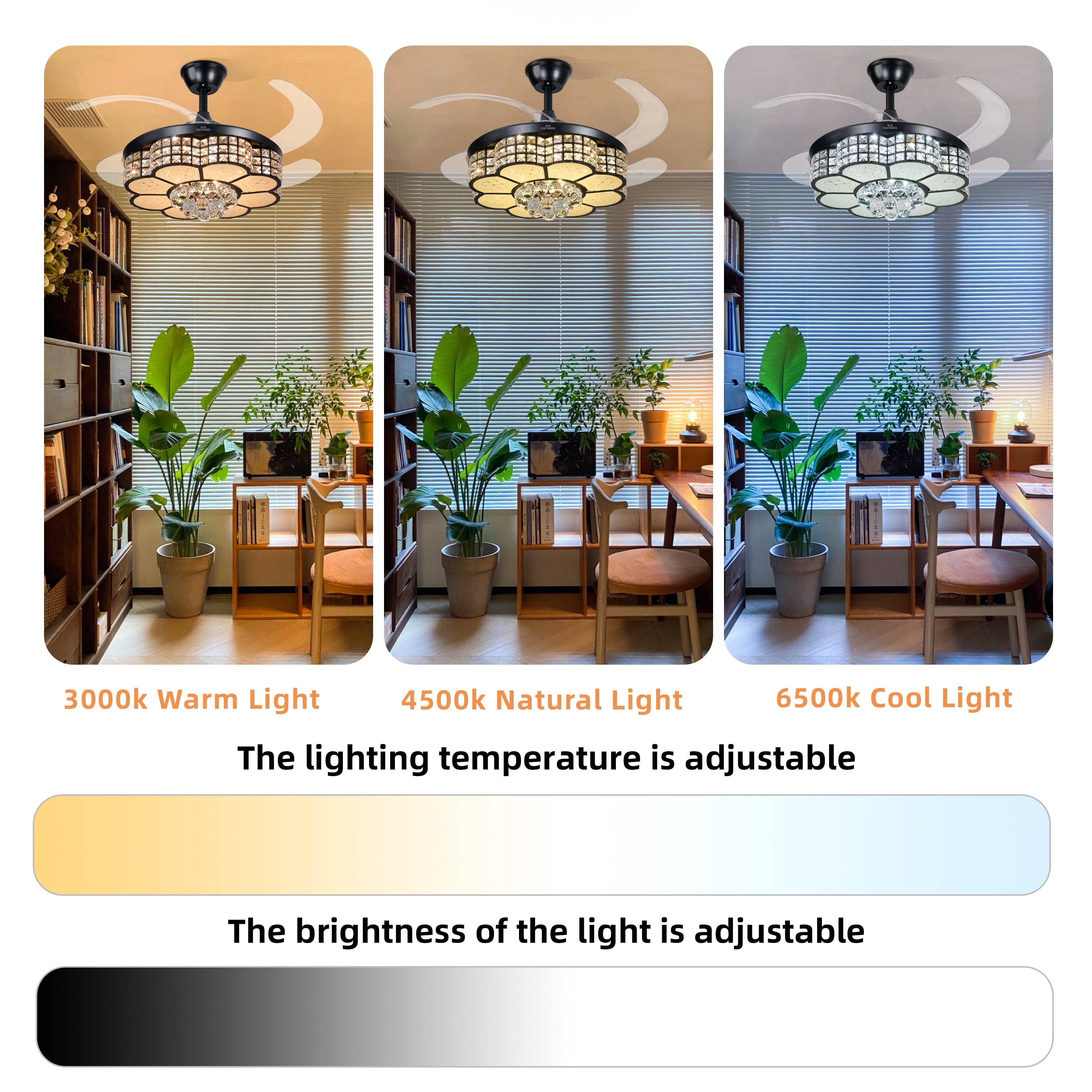BAYSQUIRREL Retractable Crystal Ceiling Fan with RGB LED Light, Bluetooth Speaker, Remote & APP Control (42 in) 68jc5