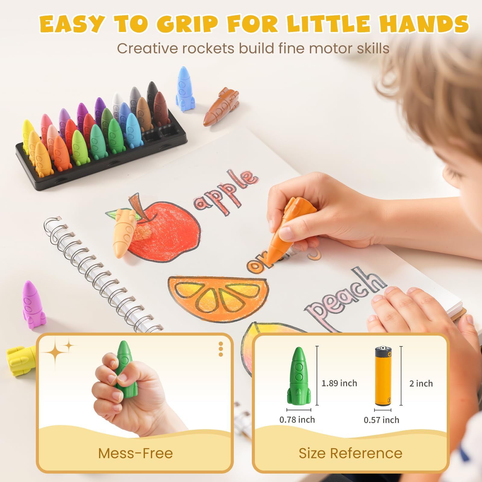 Jupitearth Washable Rocket Crayons for Toddlers, Non-Toxic Easy-to-Hold Art Supplies for Kids (Multicolor, 24 Ct) kl35i