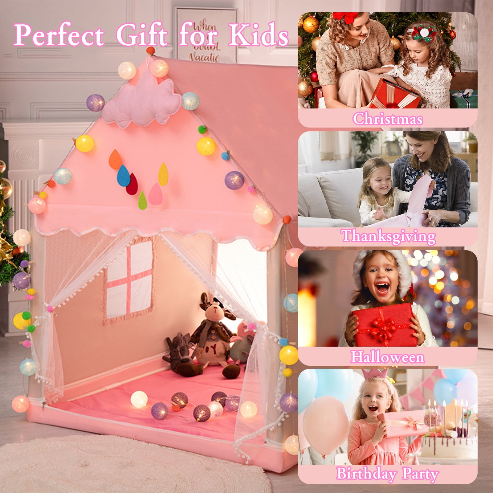 KEYAHAPPY Princess Playhouse Castle Kids Tent with Lights and Mesh Windows (Pink, 47.2 in L x 39.4 in W x 51.2 in H) 5blle