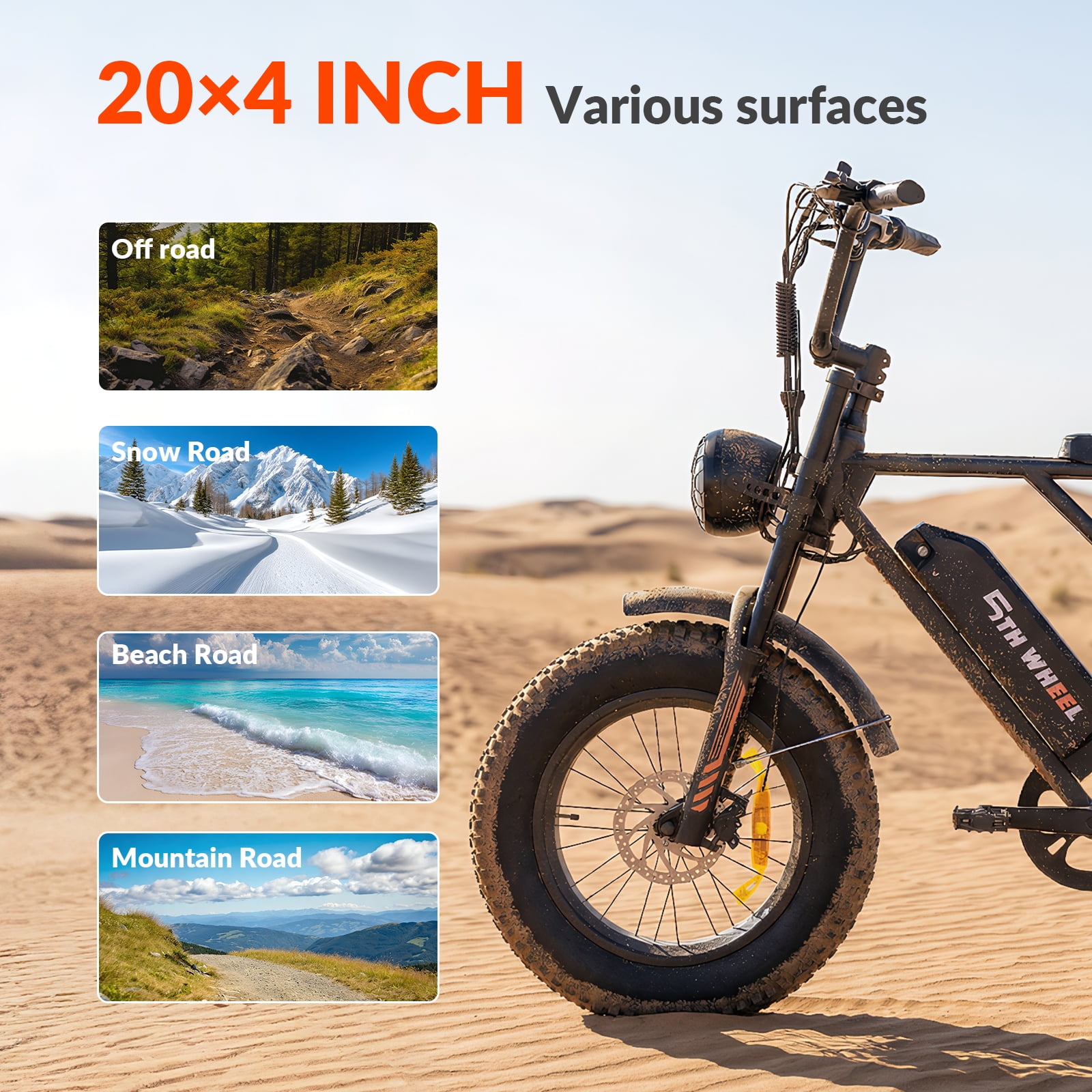 5TH WHEEL LB16 Electric Mountain Bike, 750W Motor, 20 in x 4 in Fat Tires, 48V 14.5Ah Removable Battery, 7-Speed (Black) 7zfem