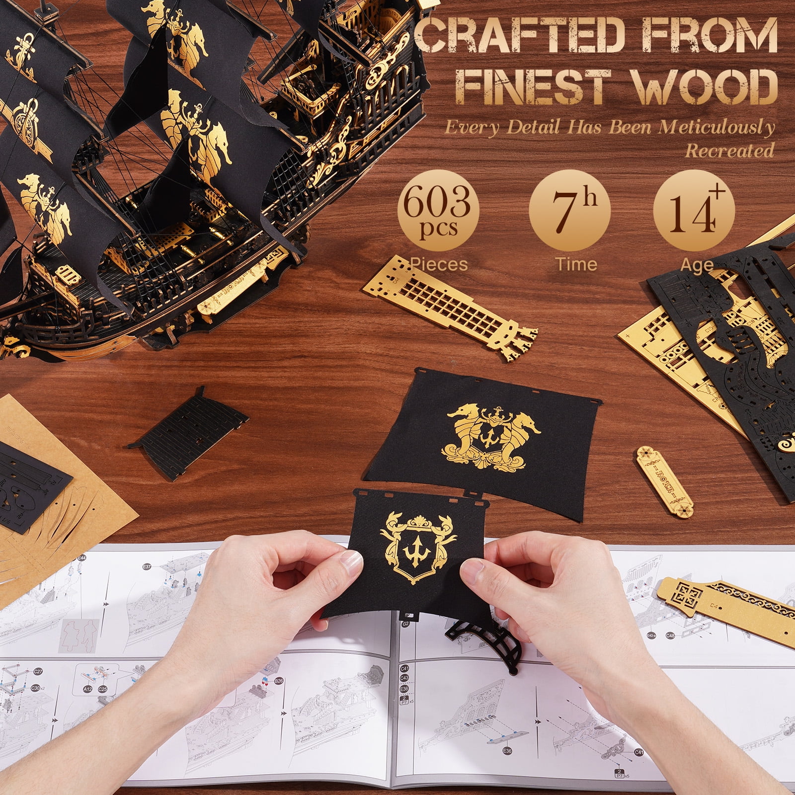 Robotime Wooden 3D Puzzle The Seahorse Barque Mechanical Model Kit (Black and Gold, 603 Pieces) 3snf6