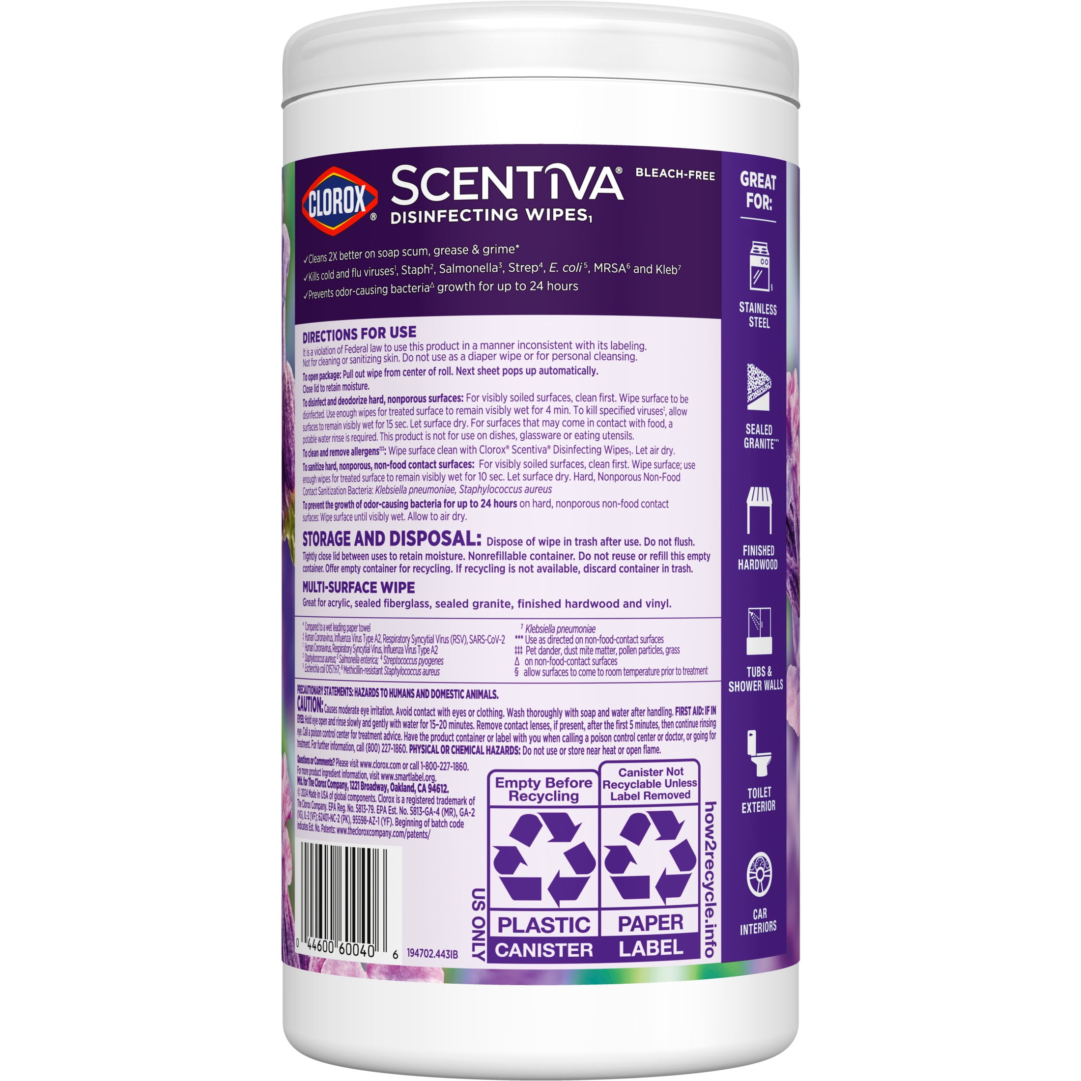 Clorox Scentiva Disinfecting Wipes, Lavender and Jasmine, Multi-Surface Cleaning (White, 75 Count) 2ttls