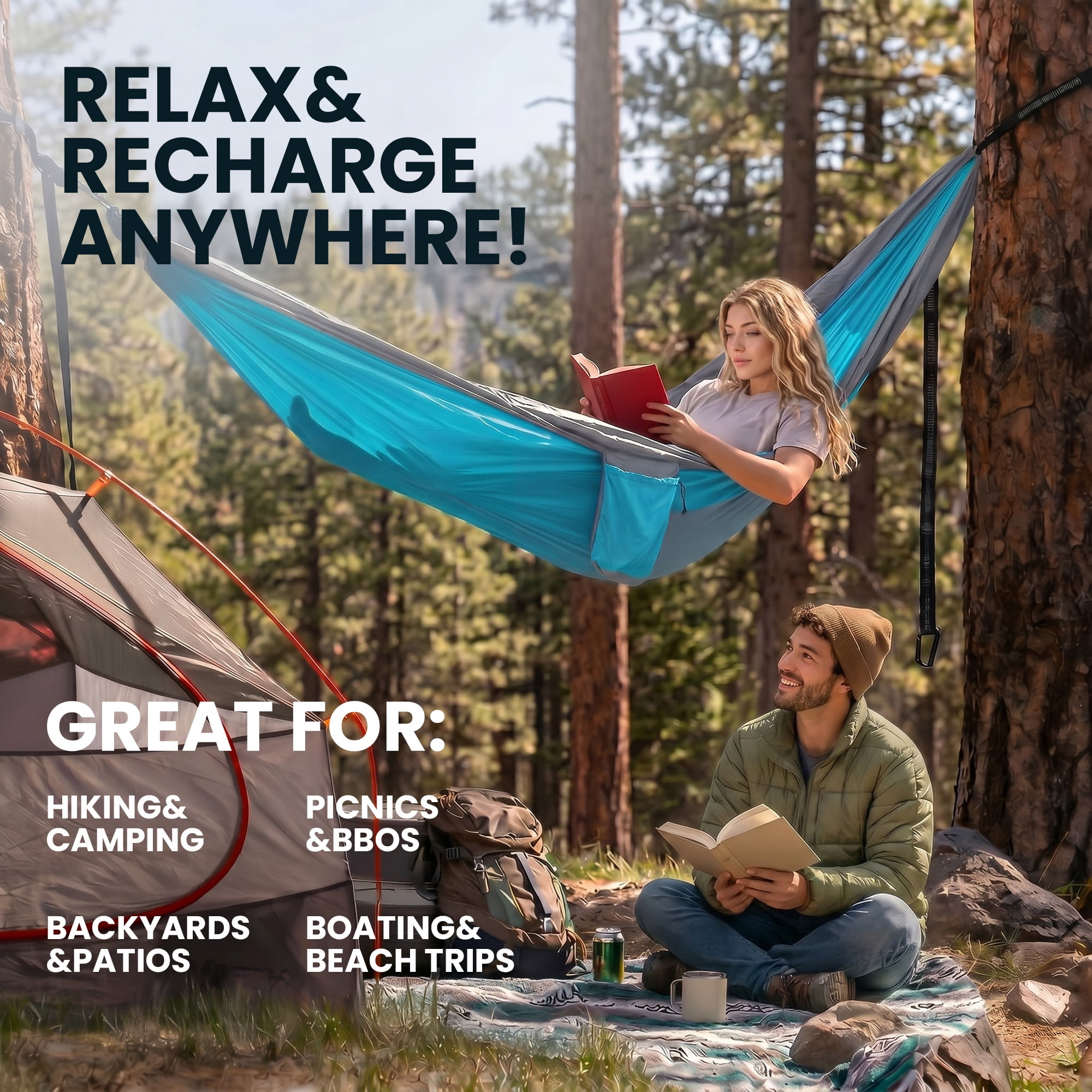 KOYMISKU Camping Hammock, Lightweight Portable Parachute Nylon Hammock with Tree Straps (Blue, 106.3 in x 55.1 in) tjo68