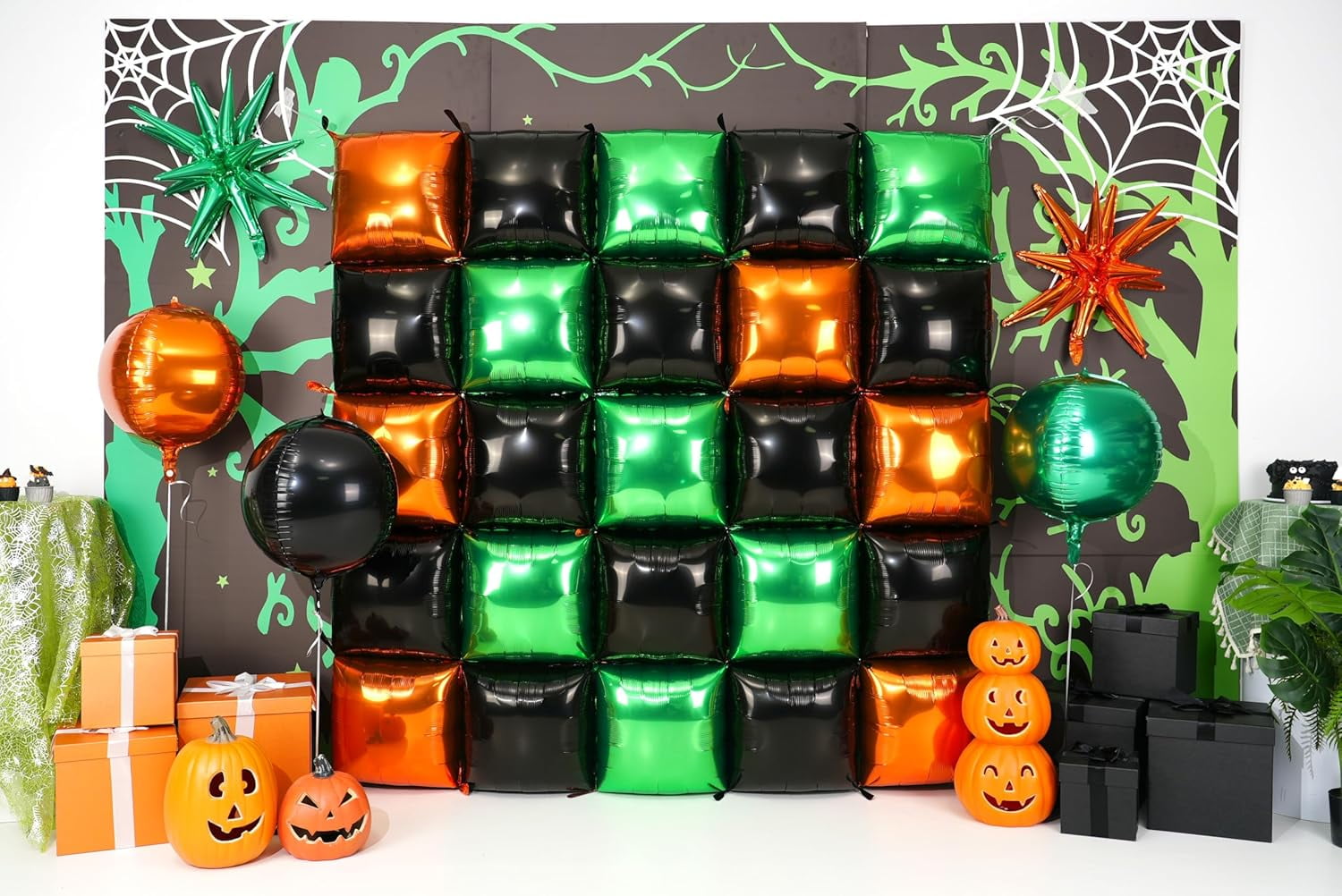 Party Decor Square Foil Balloon Wall Kit (Black, Orange, Green, 25-Piece Set) zb6ju