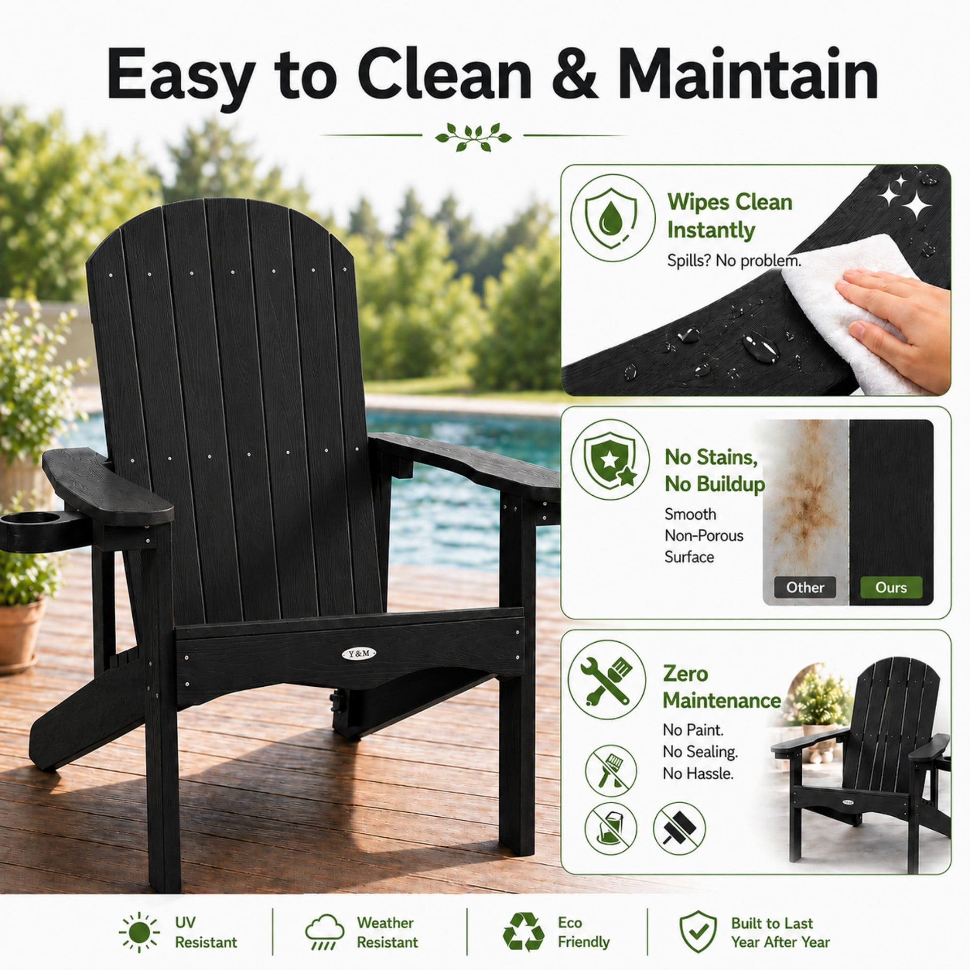 Y&M Adirondack Chair, Weather Resistant HDPE Outdoor Patio Seat with Rotating Cup Holder (Black, 1-Pack) ntebp