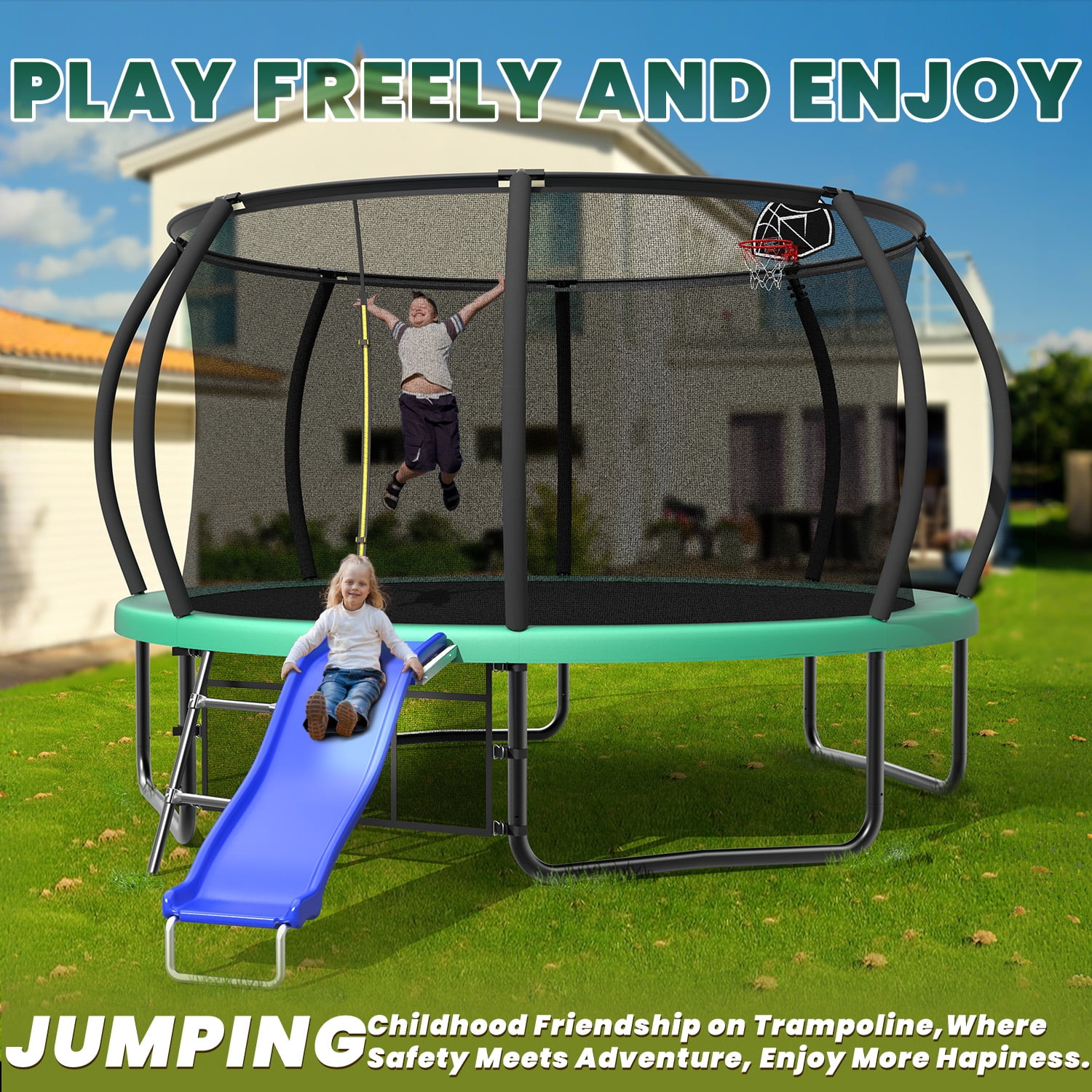 Mersco 12ft Heavy Duty Outdoor Trampoline with Enclosure Net, Slide, and Basketball Hoop (Green, 12 ft) gfnot