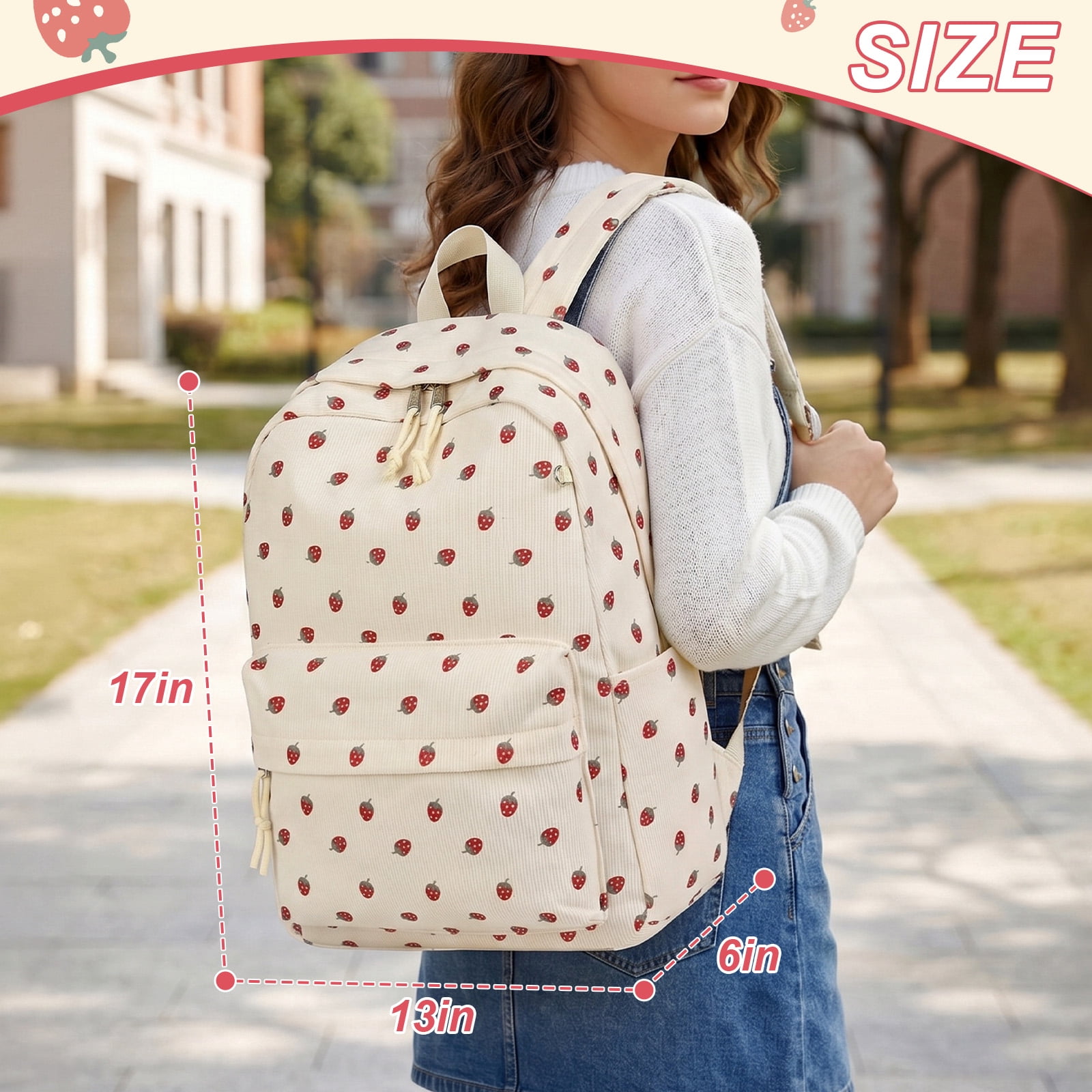 DAKIMOE School Backpack for Girls, Lightweight Large Capacity Bookbag for Teens (Beige Strawberry, 13 in x 6 in x 17 in) 31kgd