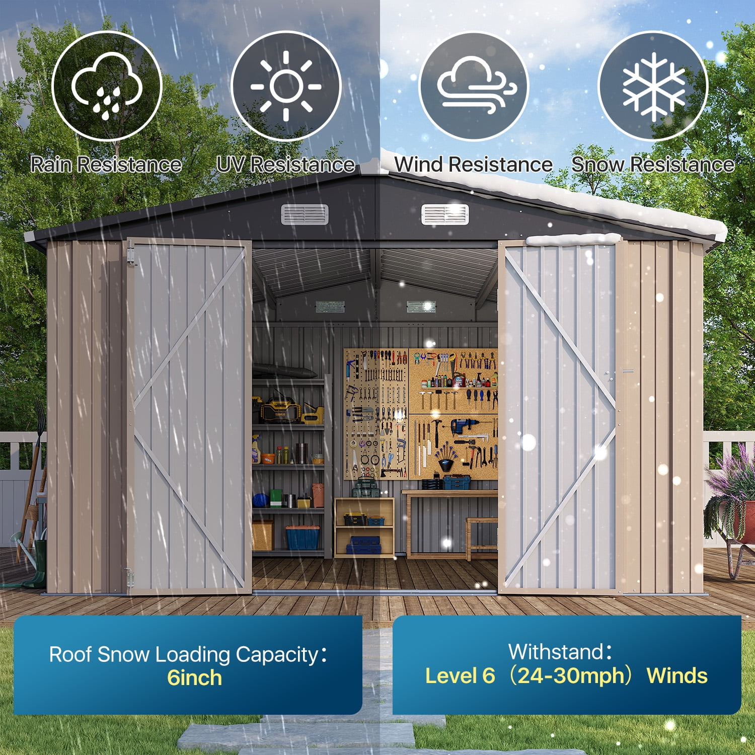 Clouddwell Outdoor Storage Shed, Heavy-Duty Metal Garden Utility Building with Lockable Double Doors and Sloped Roof (Brown, 10 ft x 12 ft) 5u1zr