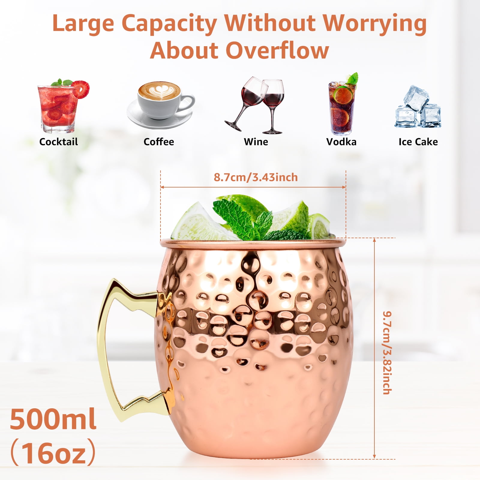 Jetcloudlive Moscow Mule Mugs Hammered Copper Finish with Stainless Steel Lining (Gold, 2 Pack, 16 fl oz) qzb05