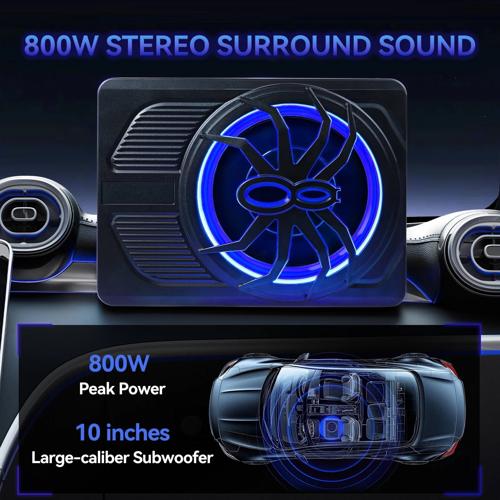 VIPQV 1200W Powered Car Subwoofer with APP Control and LED Lighting (Black, 10 in) 9vkue