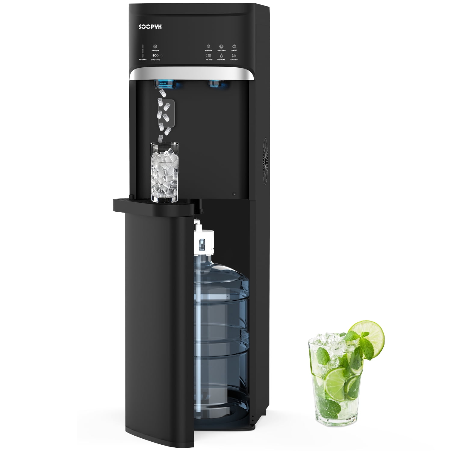 SOOPYK Bottom Loading Water Dispenser with Nugget Ice Maker, 3-Temperature Settings, Self-Cleaning, Child Safety Lock (Black, 5 Gallon) xvx61