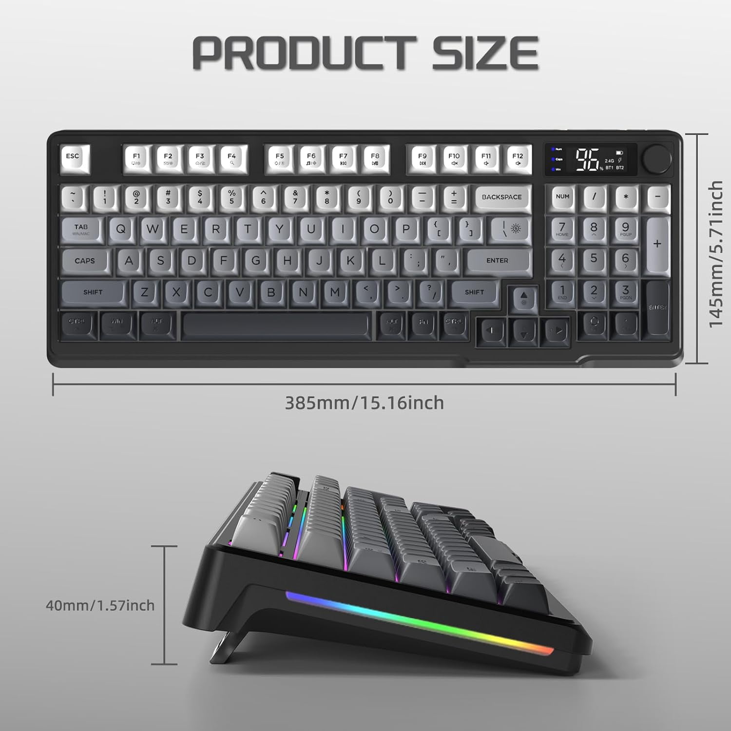Free Wolf M96 Wireless Gaming Keyboard, Membrane Mechanical Feel with LCD Screen & Media Knob (Grey, 94 Key) kzbu3