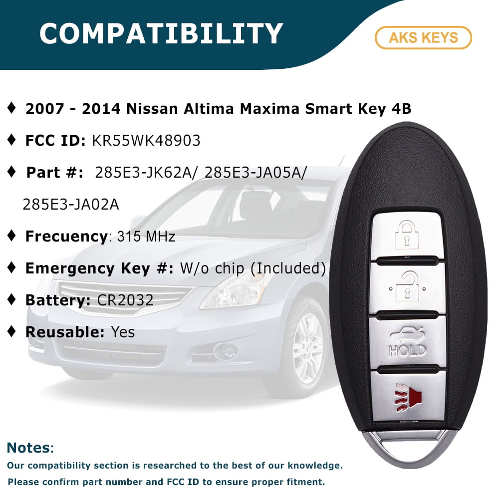 AKS KEYS Smart Proximity Key Fob Replacement for Nissan Altima Maxima (Black, 4-Button) yl527