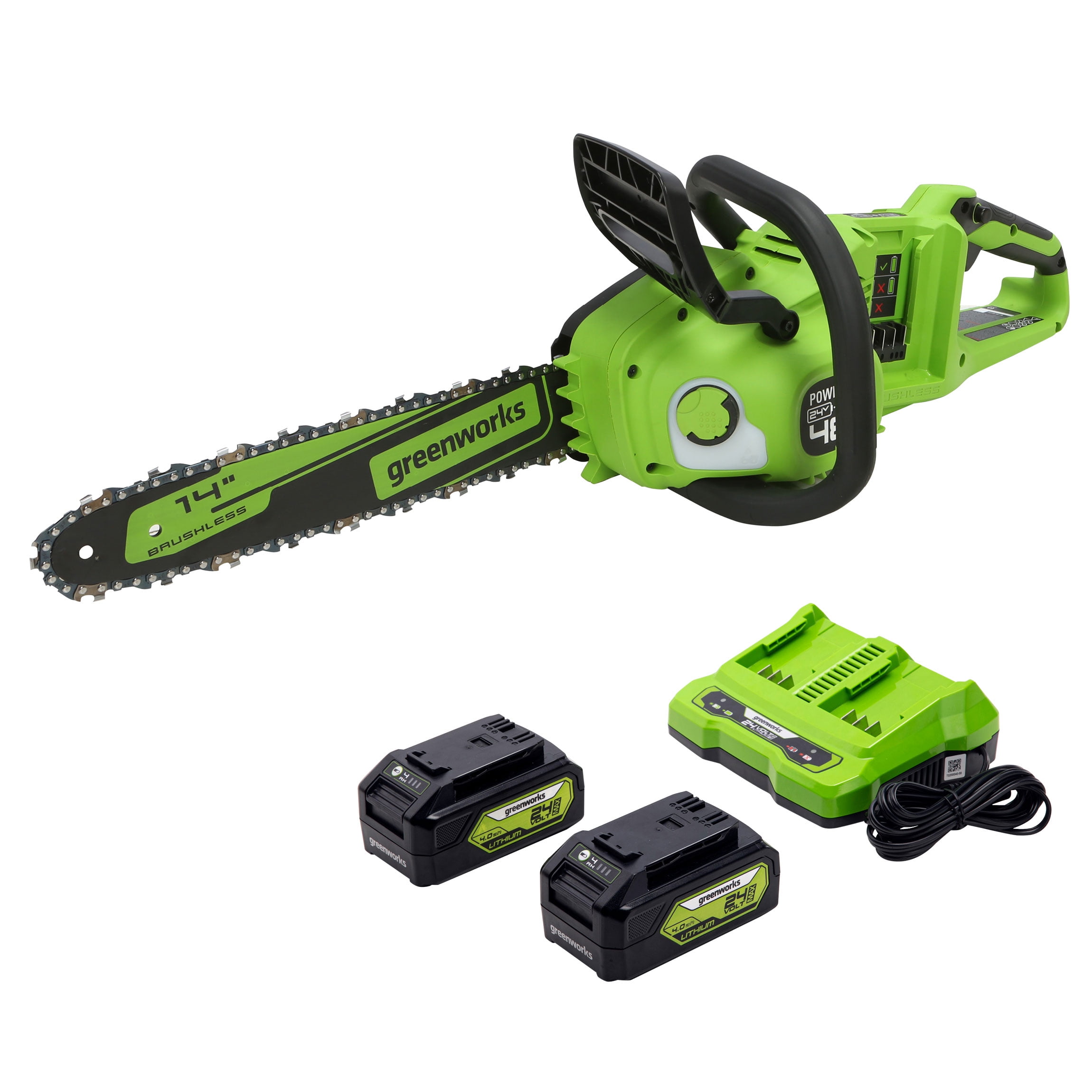 Greenworks 48V Cordless Brushless Chainsaw with (2) 4Ah Batteries and Dual Port Charger (14 in) 8ecq5
