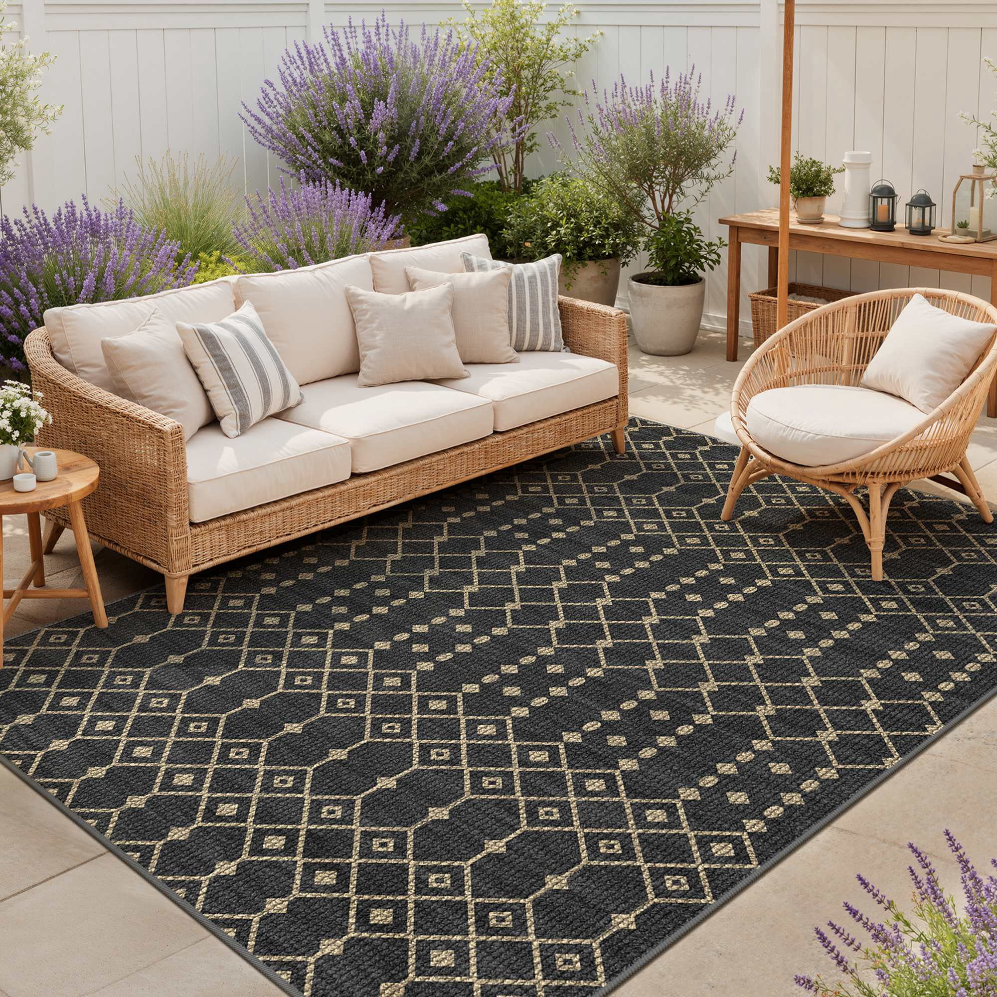DEORAB Outdoor Rug (Black & Beige, 5 ft x 8 ft) Washable UV-Resistant Patio Deck Carpet 1u2r2