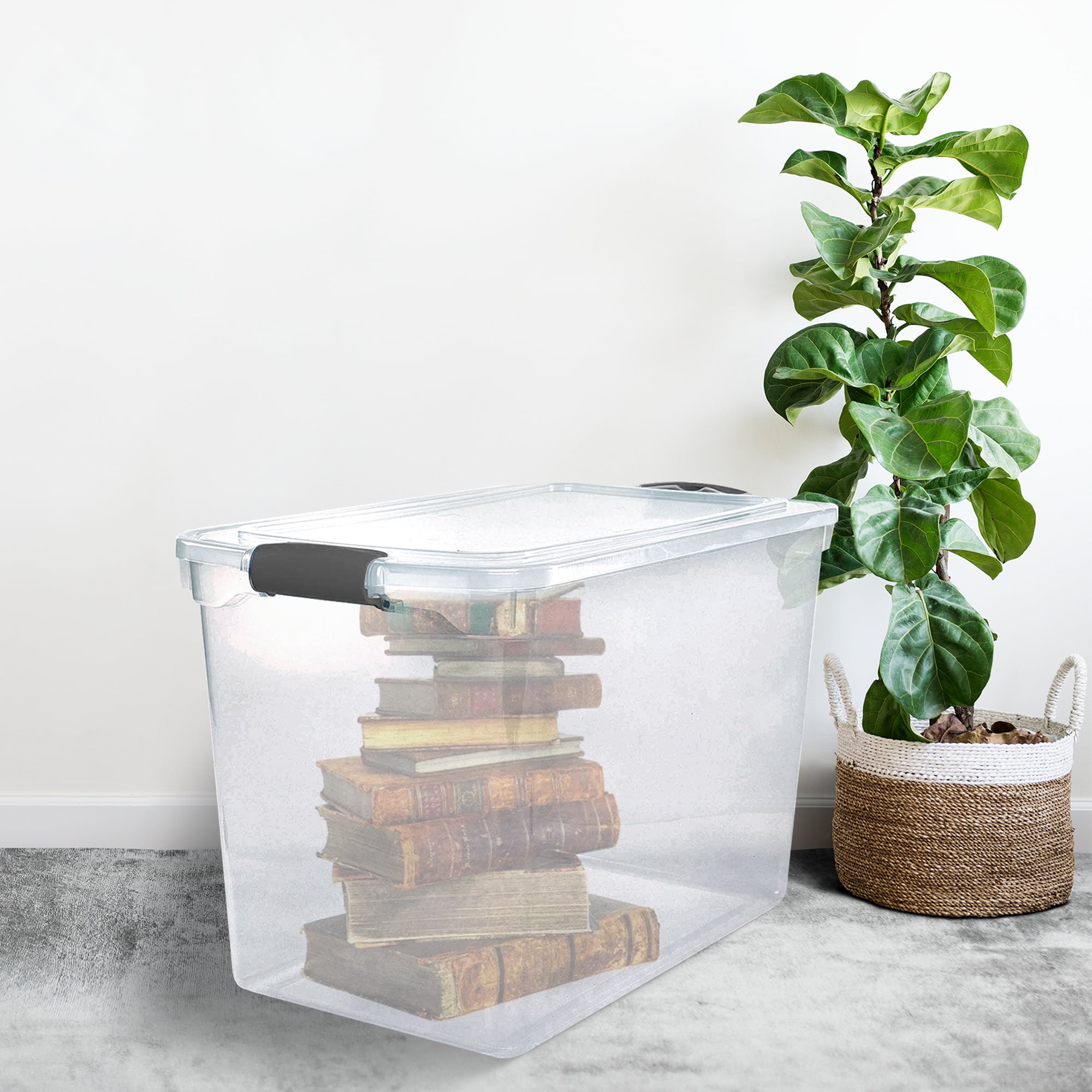 Homz 112 Quart Latching Plastic Storage Container, Durable Stackable Bin (Clear, 4 Pack) rznll