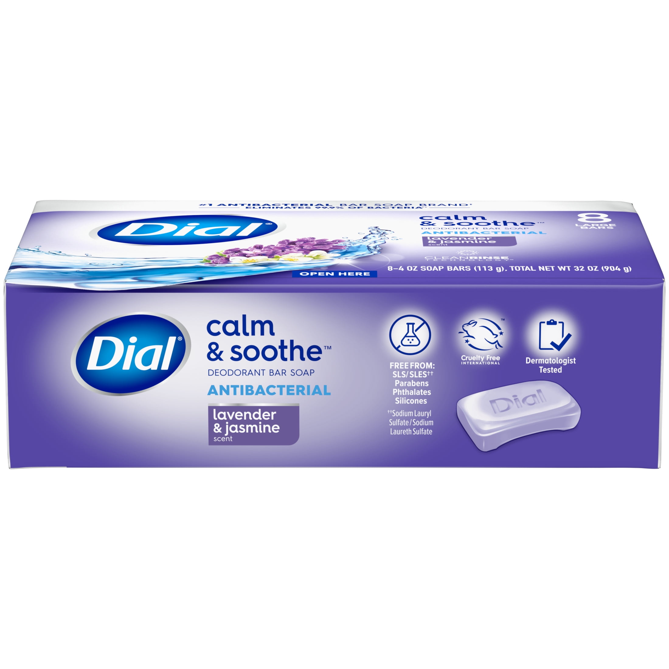 Dial Antibacterial Bar Soap, Calm & Soothe Lavender & Jasmine Deodorant Cleanser (8 Bars, 4 oz each) 4k5c8