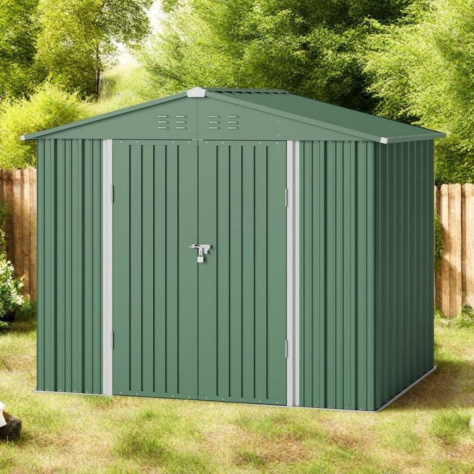 Asofer Outdoor Storage Shed, Galvanized Metal Garden Utility House with Double Lockable Doors (Green, 8 x 6 ft) 5tyxo