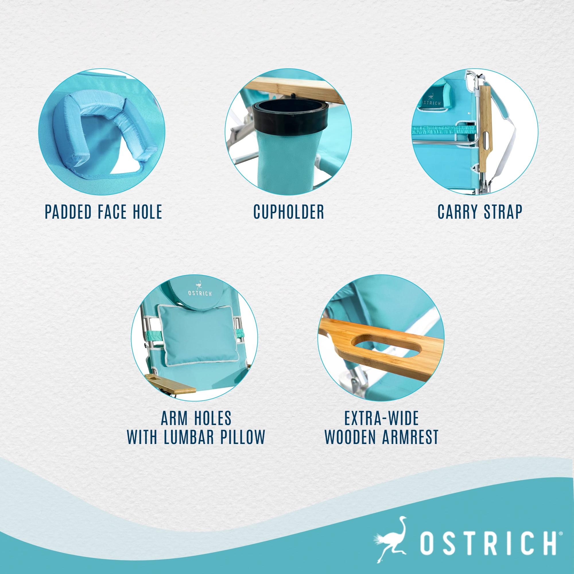 Ostrich Deluxe 3-in-1 Lightweight Outdoor Beach Lounge Chair with Footrest (Aqua, 60.76 in x 28.10 in x 39.73 in) 3px9w