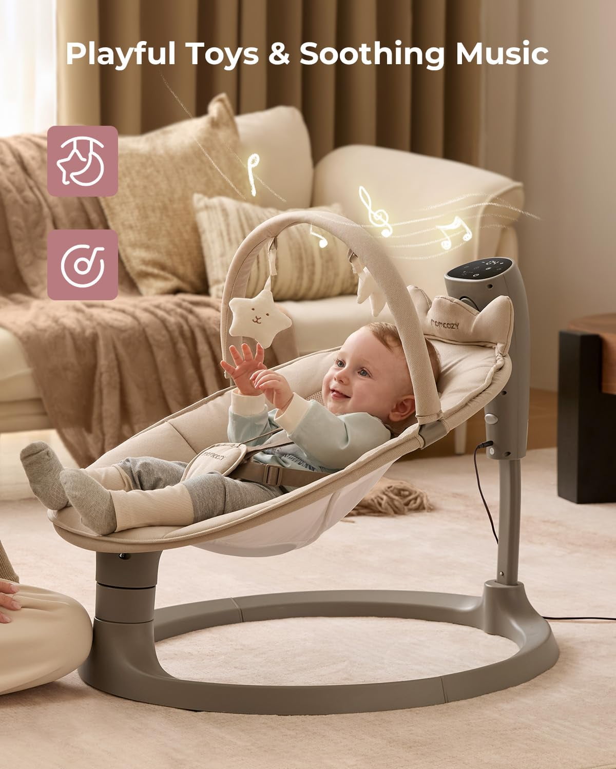 Momcozy 2-in-1 Electric Baby Swing and Toddler Seat, Dual-Arm Support System (Beige, 66 lb) pqi6o