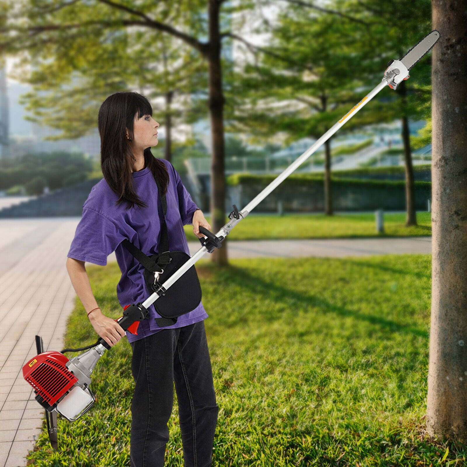 ToppiJoy Gas Pole Chainsaw 43CC 2-Cycle Tree Trimmer with 11 in Cutting Bar (Red, 16 ft Reach) vkd1x