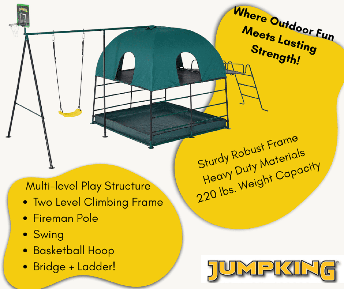 JumpKing Ultimate Adventure Playset, 5-Station Indoor & Outdoor Climbing Den with Swing and Basketball Hoop (Green) wqacy