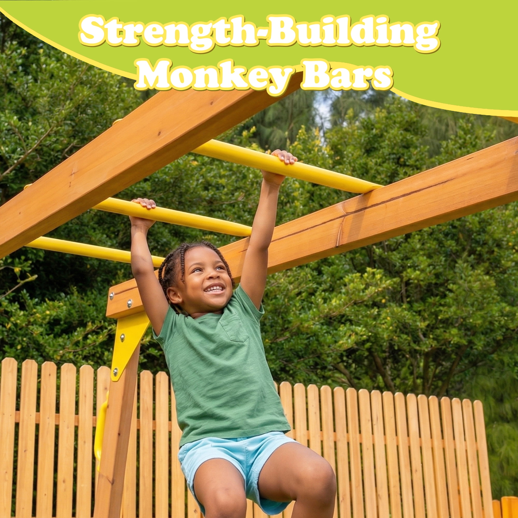 SuniBoxi Wooden Playground Set with Monkey Bars, Wave Slide, and 2 Belt Swings (Yellow, 1 Set) vaghr