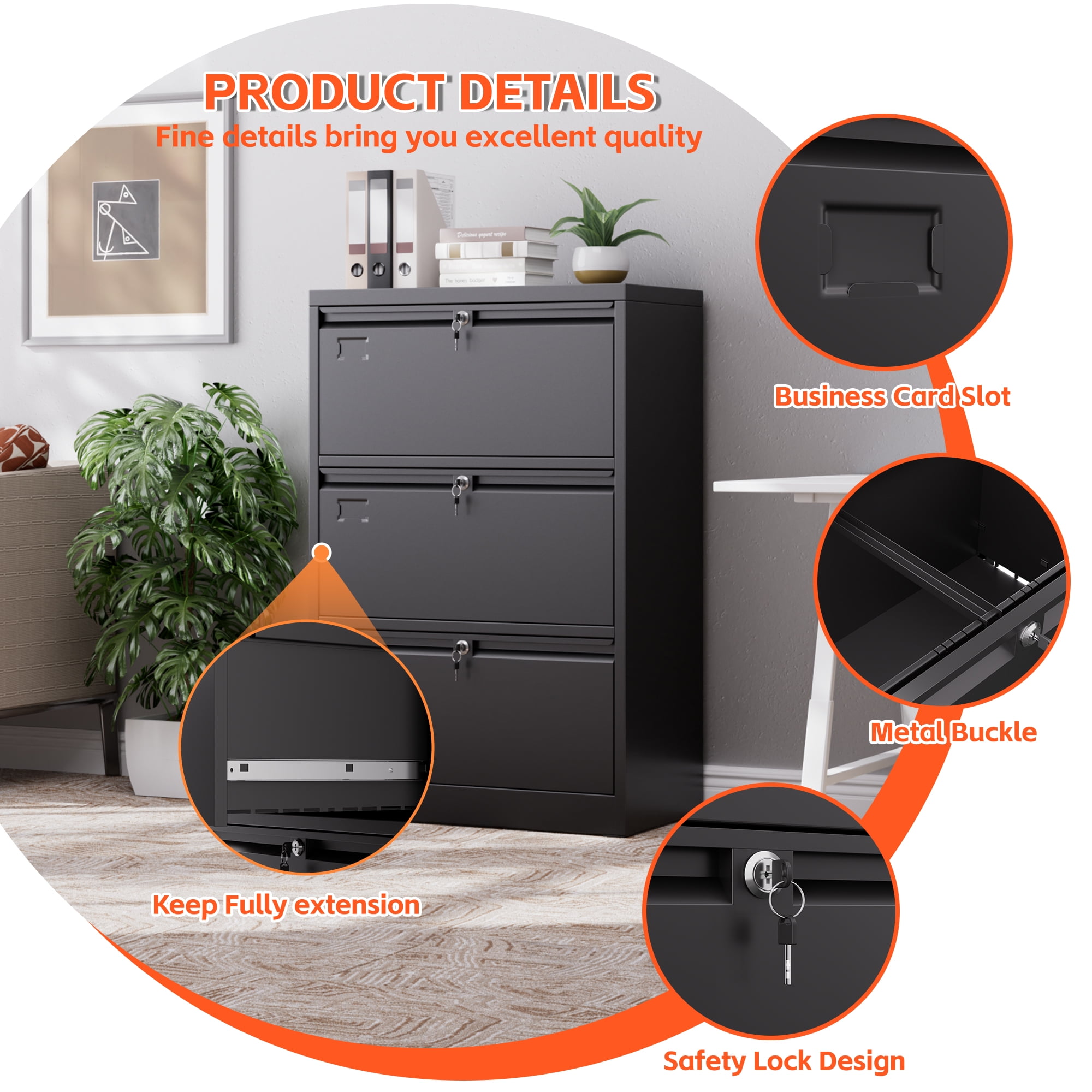 GangMei 3-Drawer Metal Lateral File Cabinet with Individual Locks and Hanging Folder Rails (Black) pyuz5