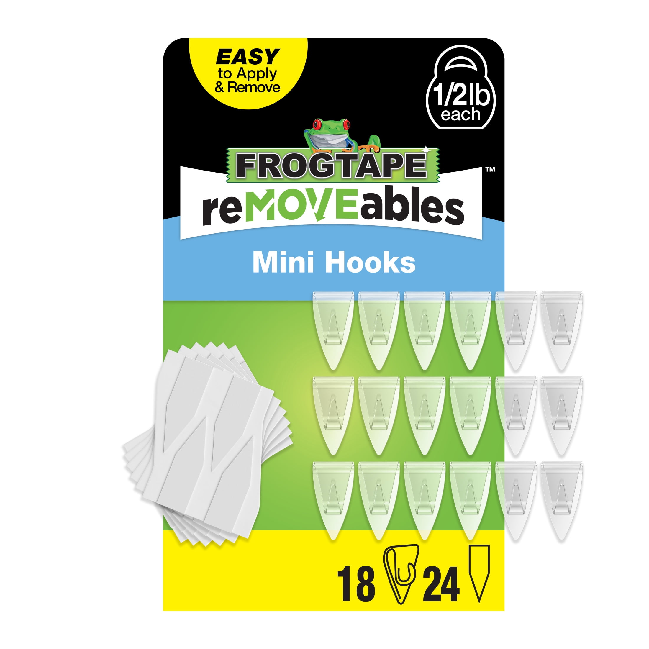 FrogTape reMOVEables Clear Mini Hooks (Clear, 18 Hooks and 24 Adhesive Strips) dw6ke
