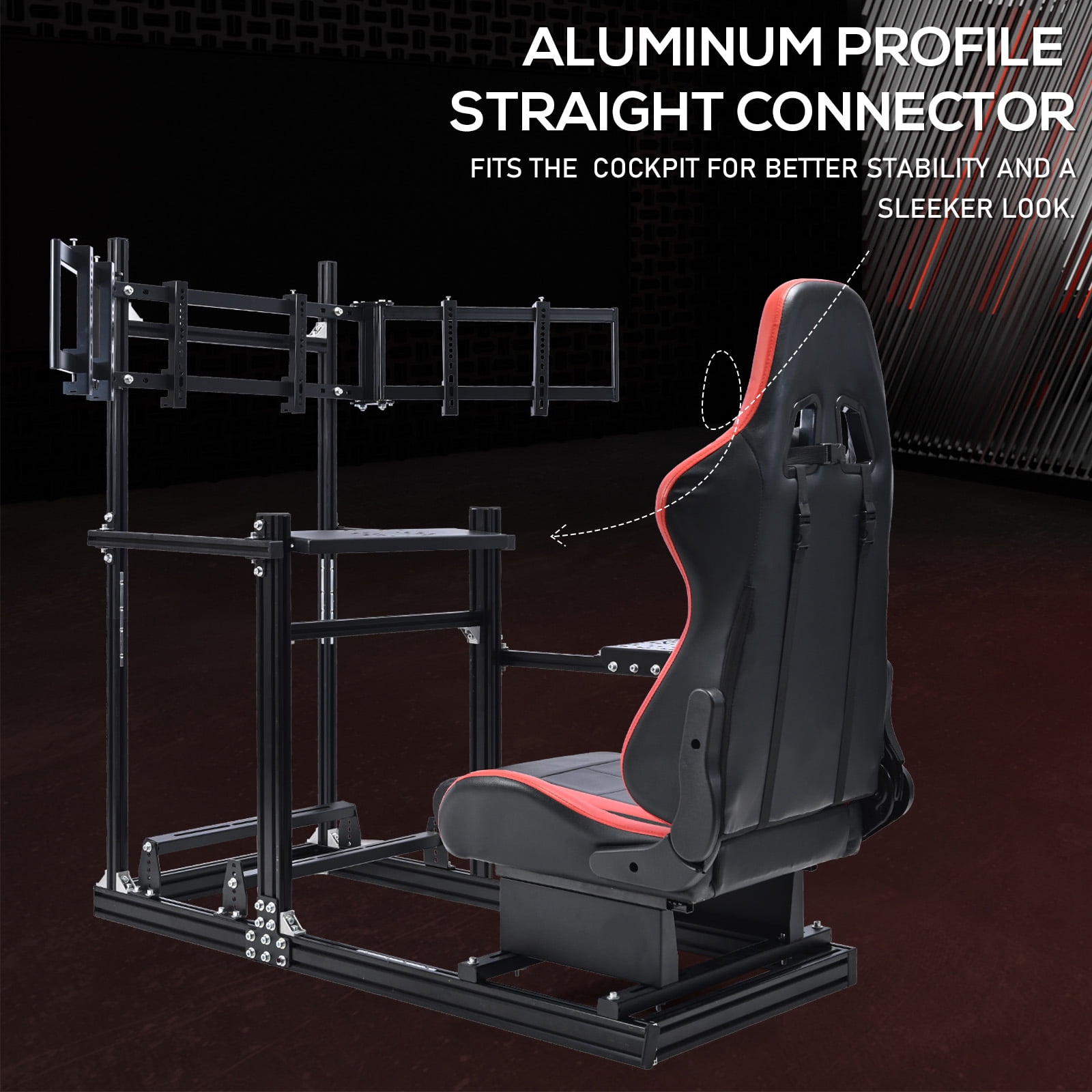 Supllueer Aluminum Racing Simulator Cockpit with Adjustable Seat and Triple Monitor Stand (Black) ve1yv