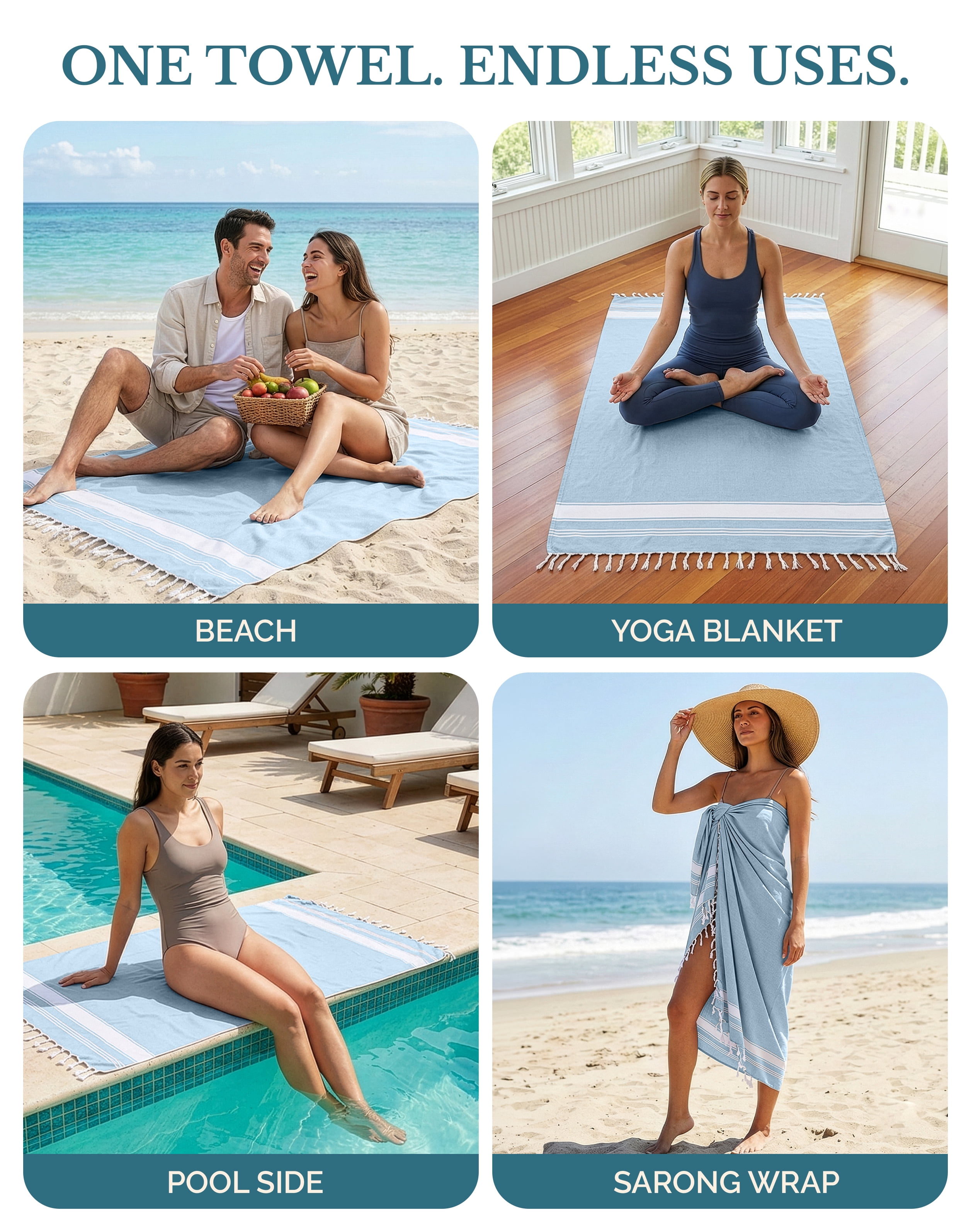 Casa Platino Beach Towels, Lightweight Sand-Free Quick-Dry Cotton Pool Towels (Sky Blue, 39 in x 71 in, 2 Pack) pso1u