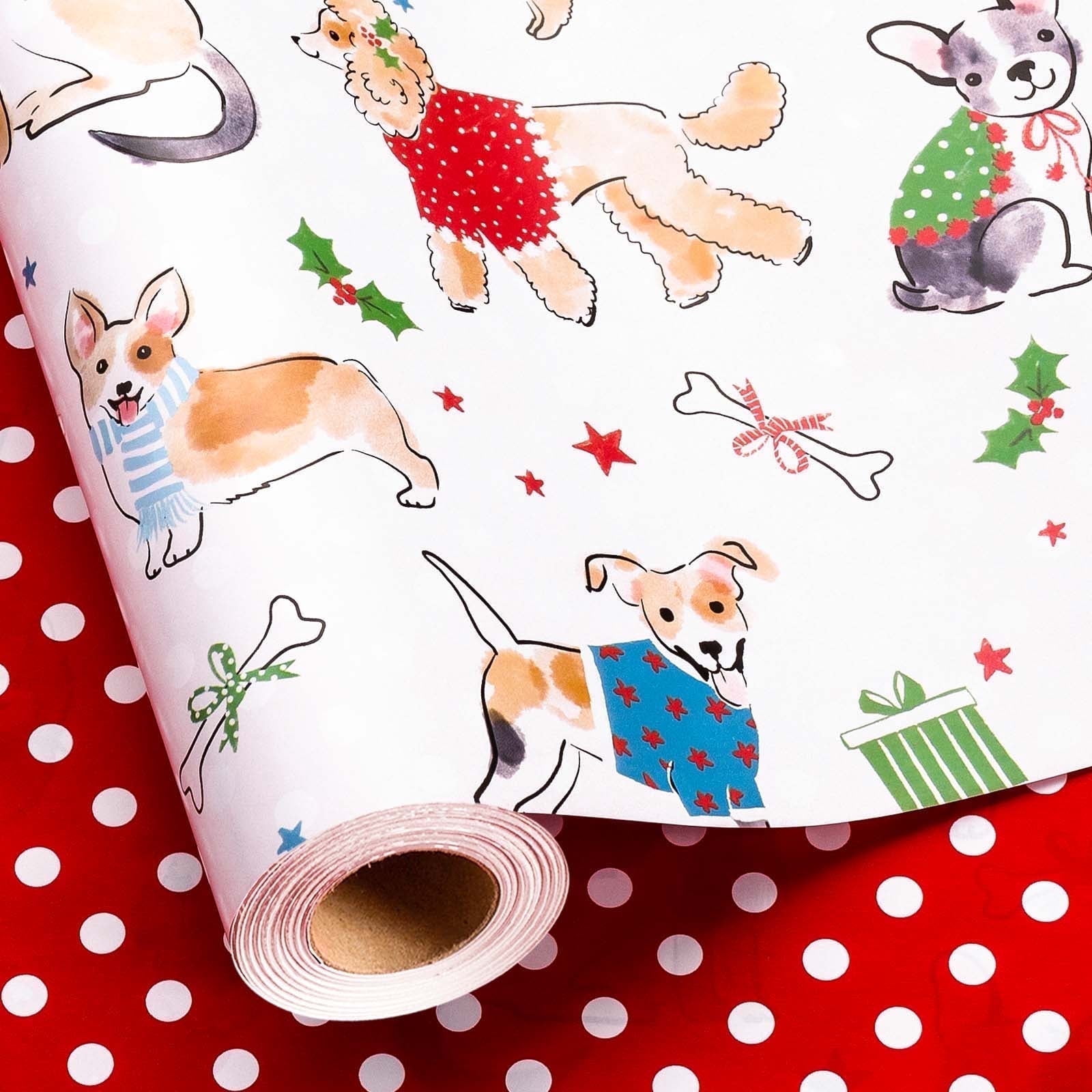 HOMERAL Christmas Wrapping Paper Roll, Festive Dog Pattern Gift Wrap (White, 17 in x 33 ft) yhmhd