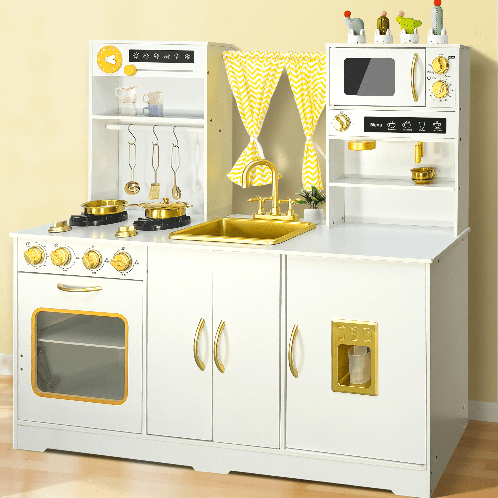 iYofe Wooden Pretend Play Kitchen Set for Toddlers, Interactive Toy Kitchen with Realistic Sounds and 18 Accessories (White, 43.3 x 12.6 x 39.9 in) 2cyah