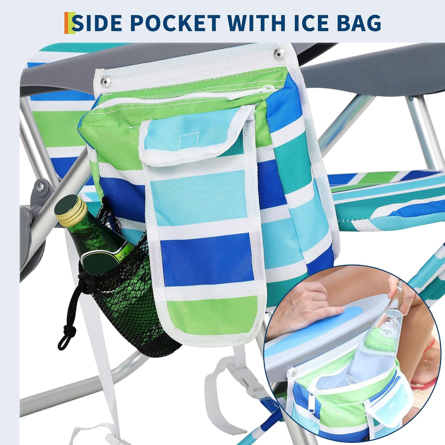 RIEDHOFF Portable Beach Chair with Adjustable Backrest and Cooler Bag (Ocean Striped, Set of 2) w911z