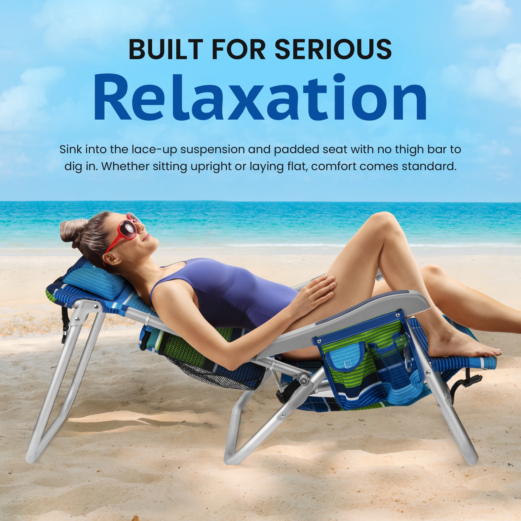 Homevative Cooler+ Folding Backpack Beach Chair, 5-Position Reclining Outdoor Seat with Storage (Blue) mds1g