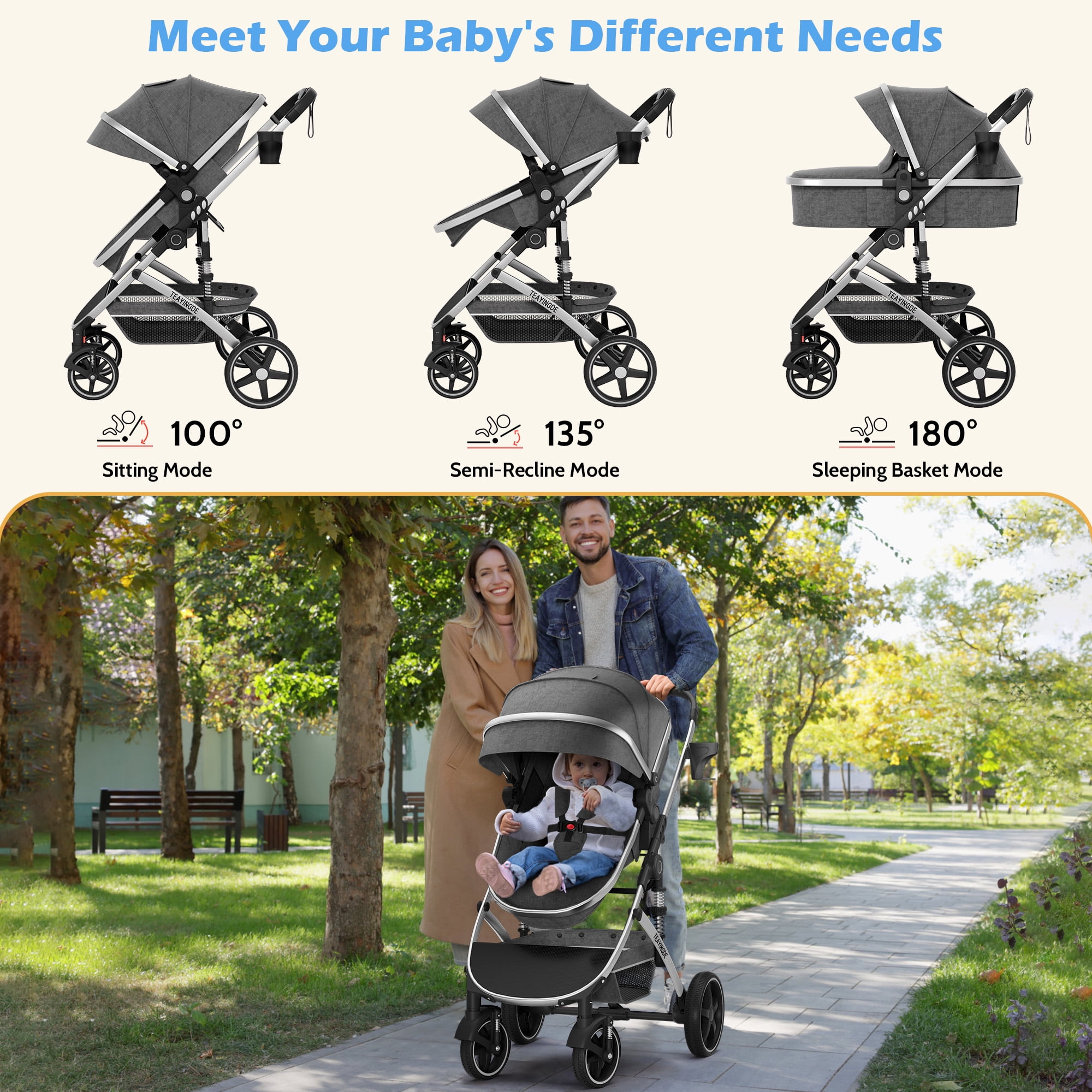 babyeap 2-in-1 Foldable Baby Stroller, Lightweight Reversible Bassinet Carriage with Storage & Cup Holder (Gray, 23 x 24 x 42 in) 9ivpa