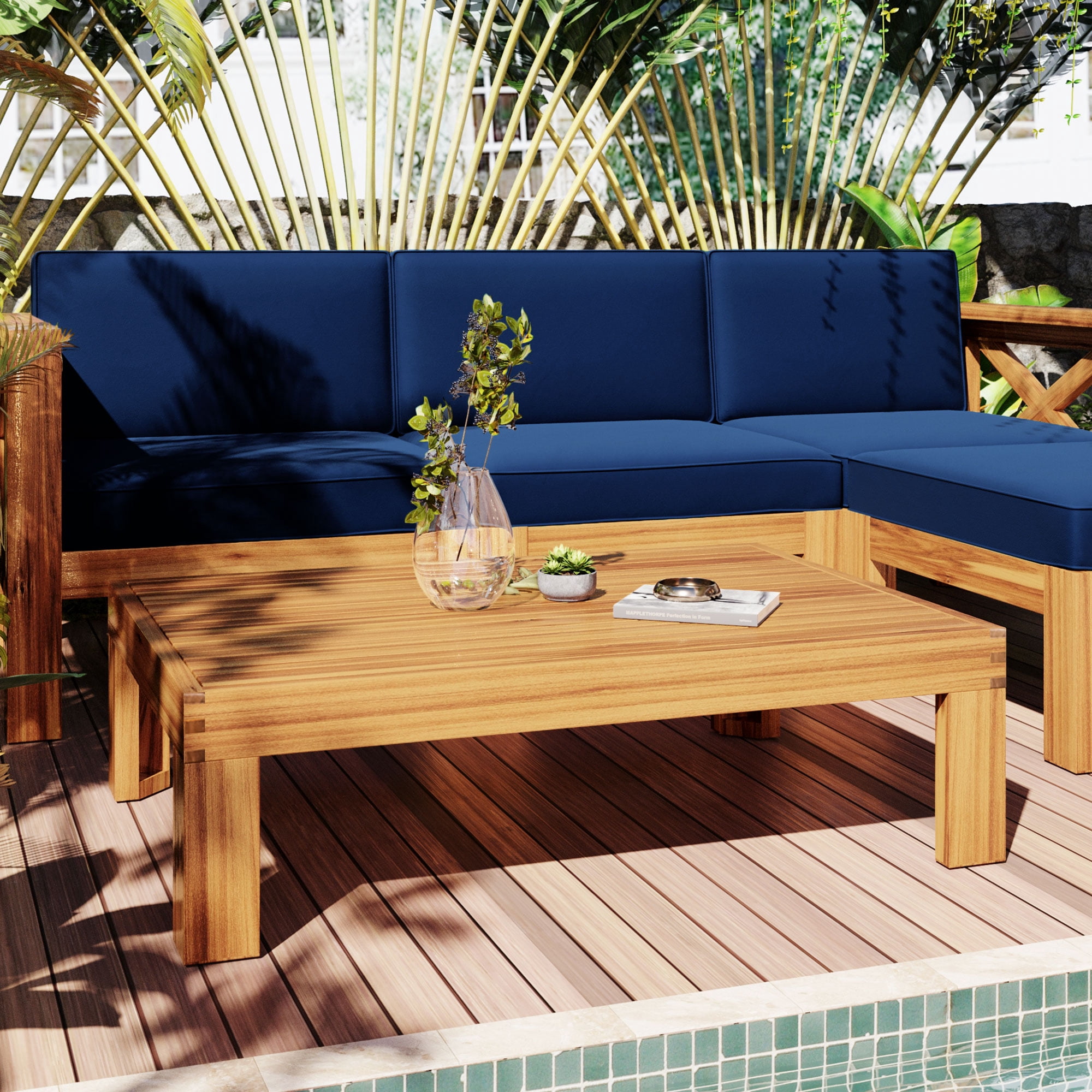 Euroco Outdoor Patio Wood 5-Piece Sectional Sofa Seating Group with Water-Resistant Cushions (Natural Finish, Blue, 5-Piece Set) ym4qv