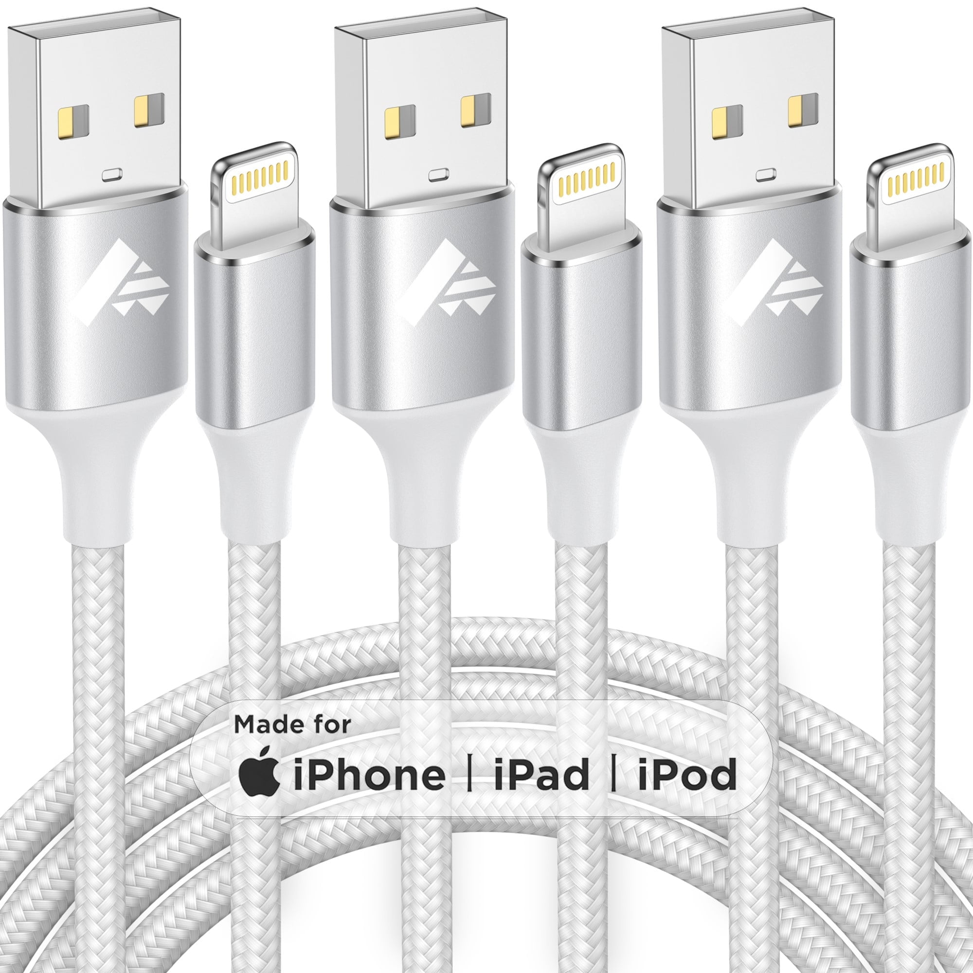 XUDUO iPhone Charger Cable (MFi Certified, Nylon Braided, Fast Charging) (White, 3 Pack, 10 ft) 0ukca