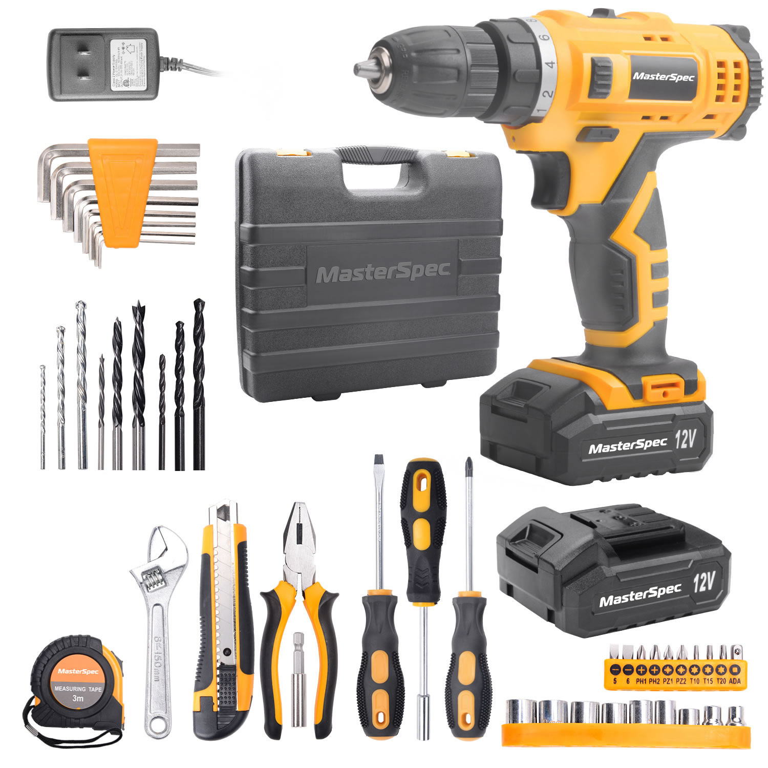 MasterSpec 12V Cordless Drill Driver Kit with 2 Batteries and 47PCS Household Hand Tools (Black, 47 Piece Set) p43r3 - Image 5