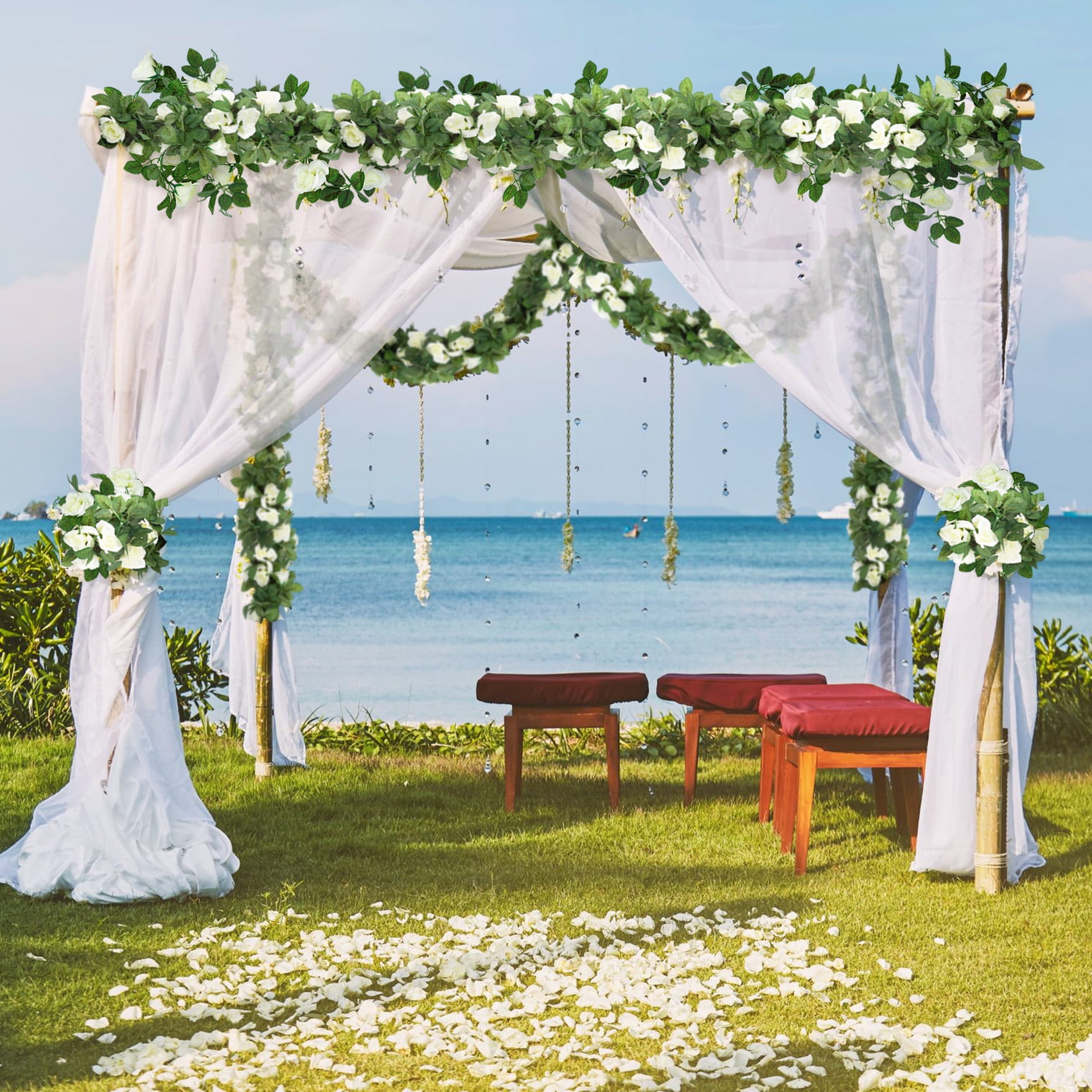 YOLETO Artificial Rose Vine Garland for Wedding and Home Decor (White, 2 Pack, 15 ft Total) m7188
