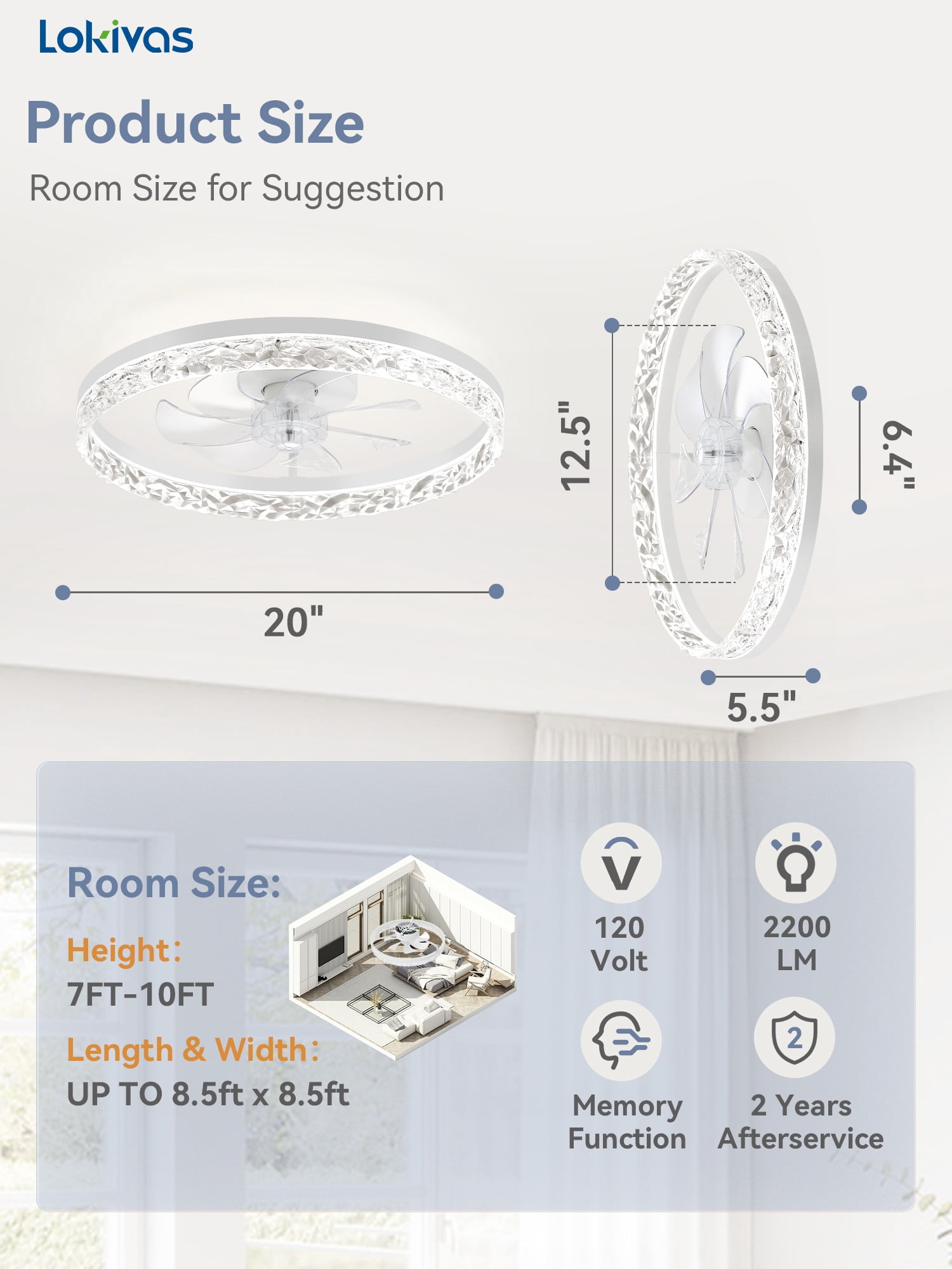 Lokivas 20 in Modern Flush Mount Ceiling Fan with Light, 6-Speed Dimmable LED, App and Remote Control (White, 20 in) zz1hg