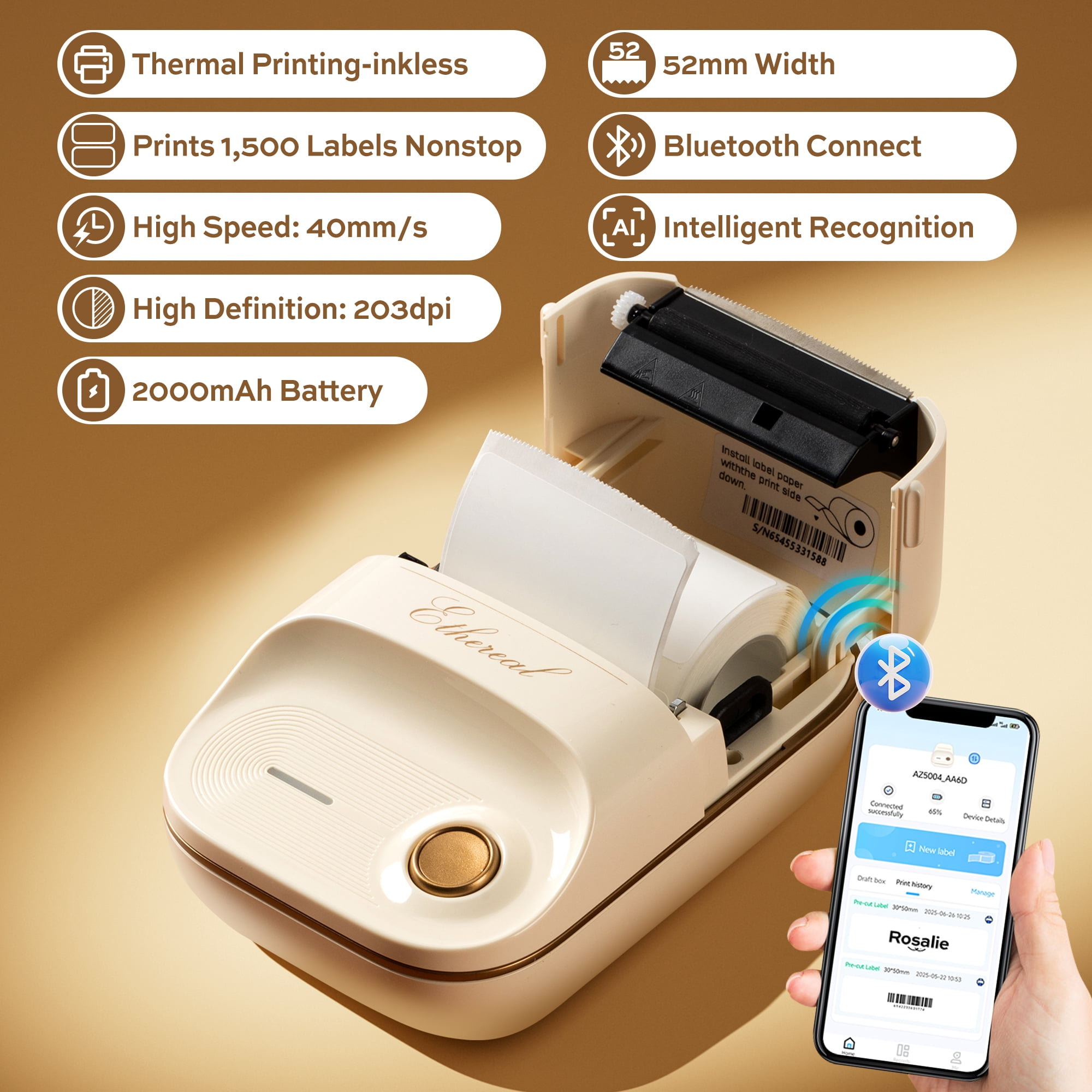 NOVODESK Portable Bluetooth Label Maker Machine, Thermal Printer for Small Business and Home Organization (Milky White, 2 in) 3v3vy
