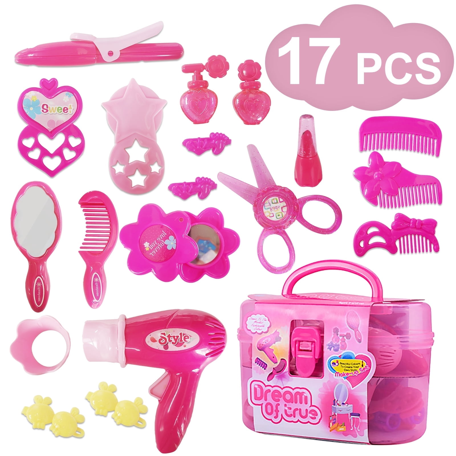 Rirool Pretend Play Makeup and Hair Salon Activity Set with Portable Carrying Case (Pink, 17-Piece Set) s7s60