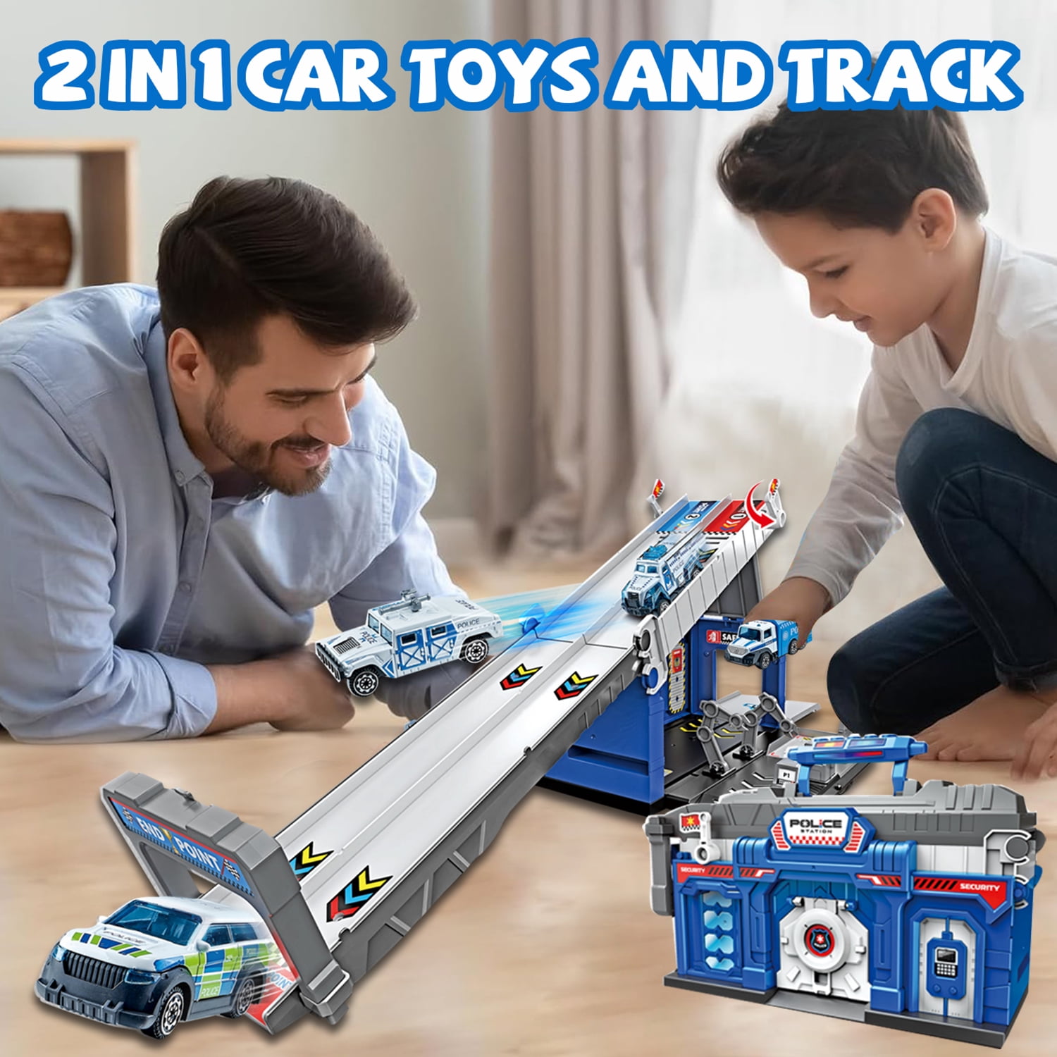 Sytle-Carry Die-Cast Police Car Track Set, 2-in-1 Folding Storage Carrier with 4 Toy Vehicles (1 Set) niq88