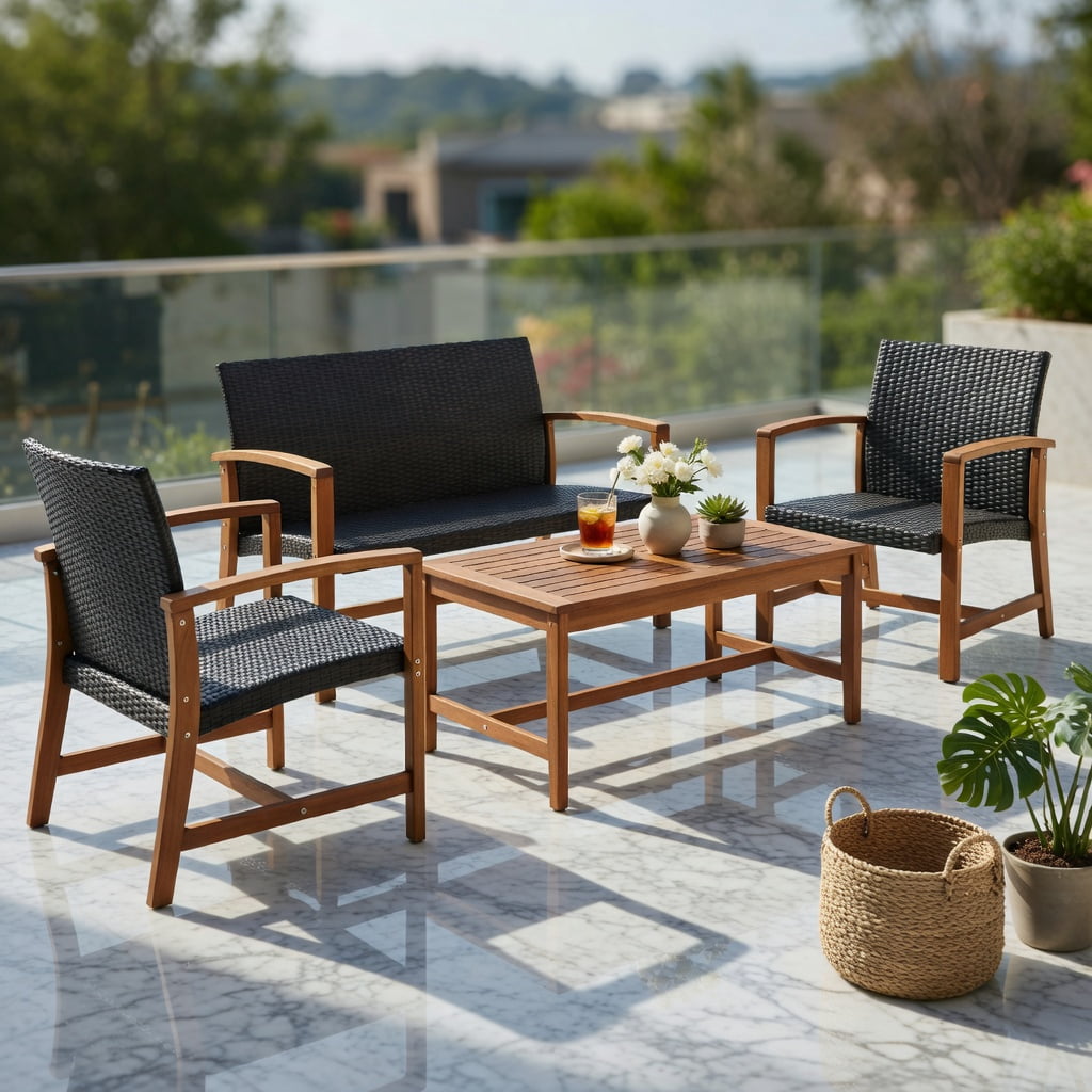 Resenkos 3-Piece Patio Rattan Bistro Furniture Set, Outdoor Garden Conversation Set with Acacia Wood Table Top (Beige) 7wp4y