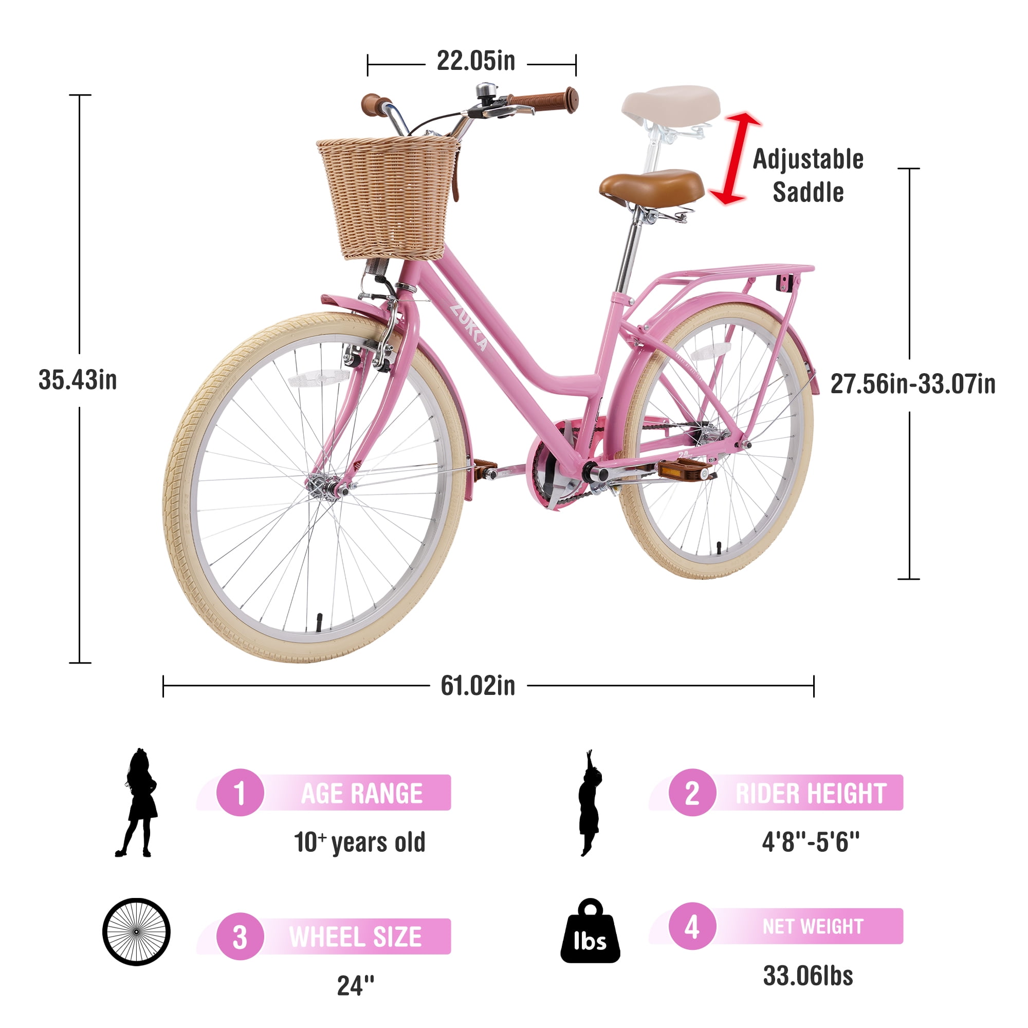 Zukka 24 inch Cruiser Bike City Commuter Bicycle with Woven Basket (Light Pink, 24 in) z0oyt