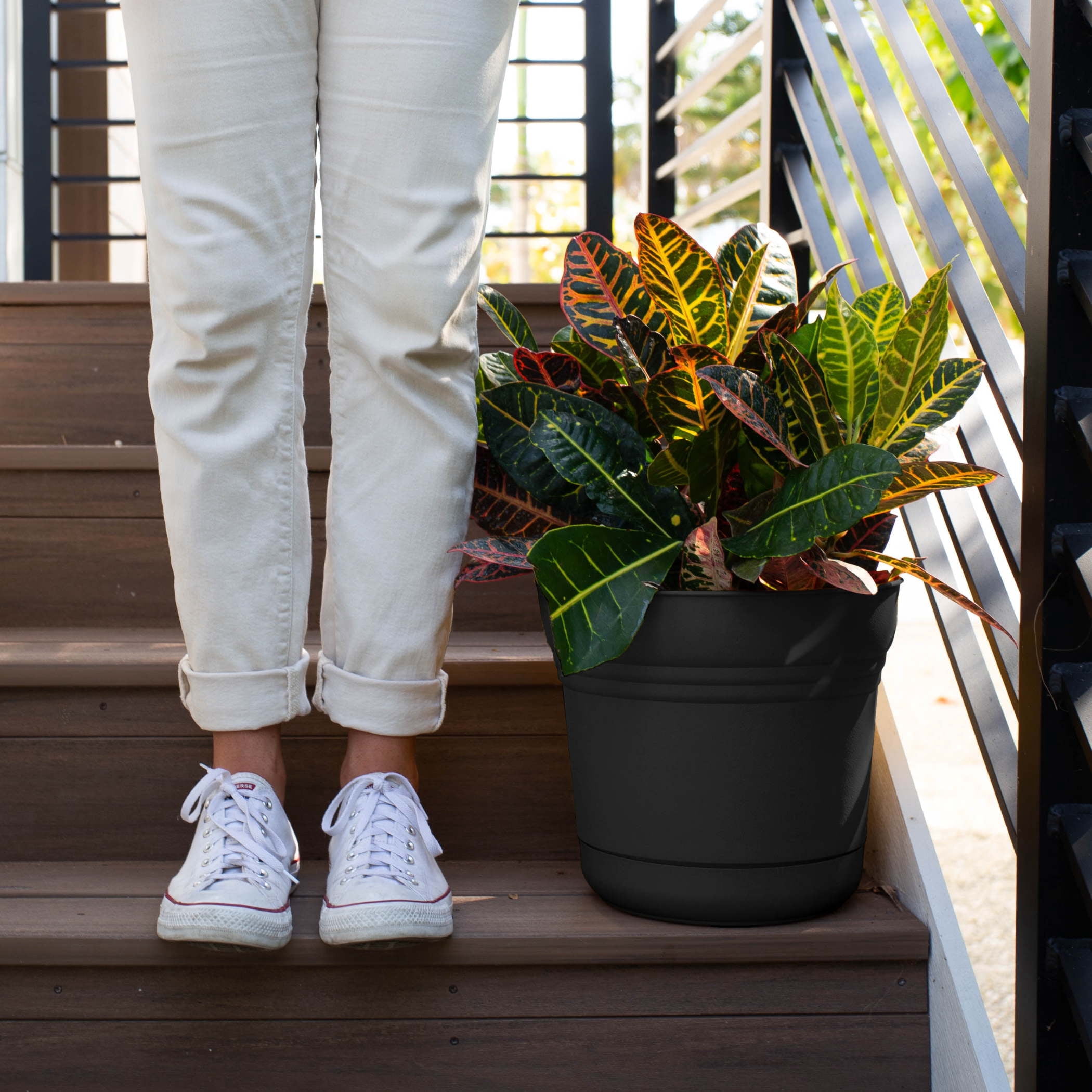 Bloem Saturn Round Plastic Planter with Snap-in Saucer and Drainage Holes (Black, 12.25 in) e0nhk
