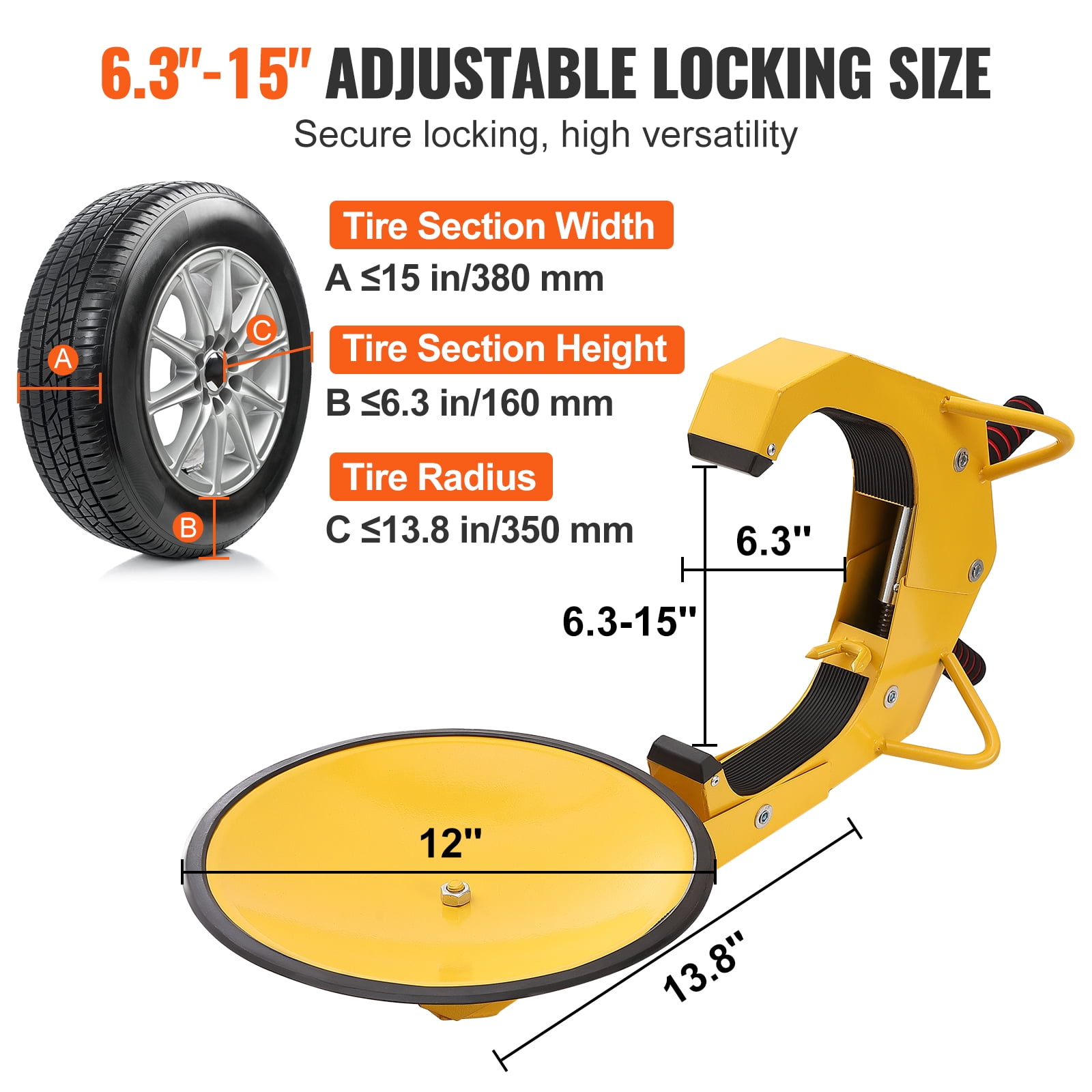 VEVOR Heavy-Duty Anti-Theft Wheel Lock Clamp (Yellow, 2-Pack, Fits 6.3 in to 15 in Tire Width) 8c4mg - Image 3